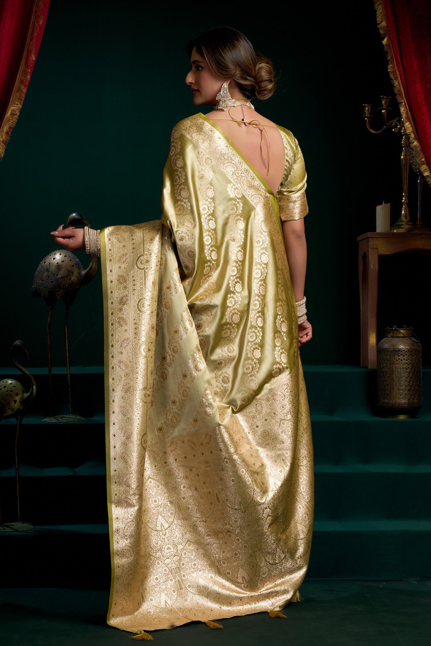 Buy MySilkLove Artichoke Green Banarasi Handloom Satin Soft Silk Saree Online