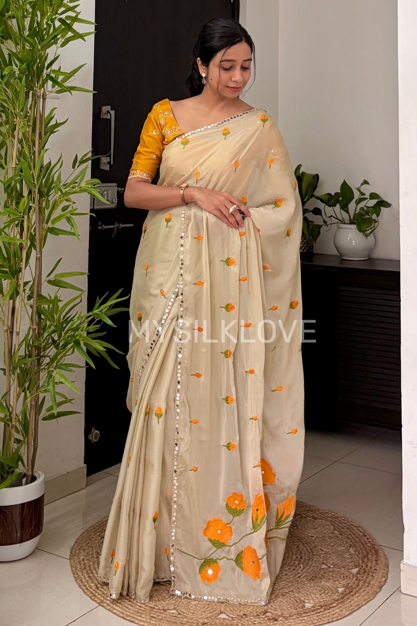 Buy MySilkLove Moonlit Cream and Yellow Embroidery Chiffon Floral Saree with Mirror Work Online
