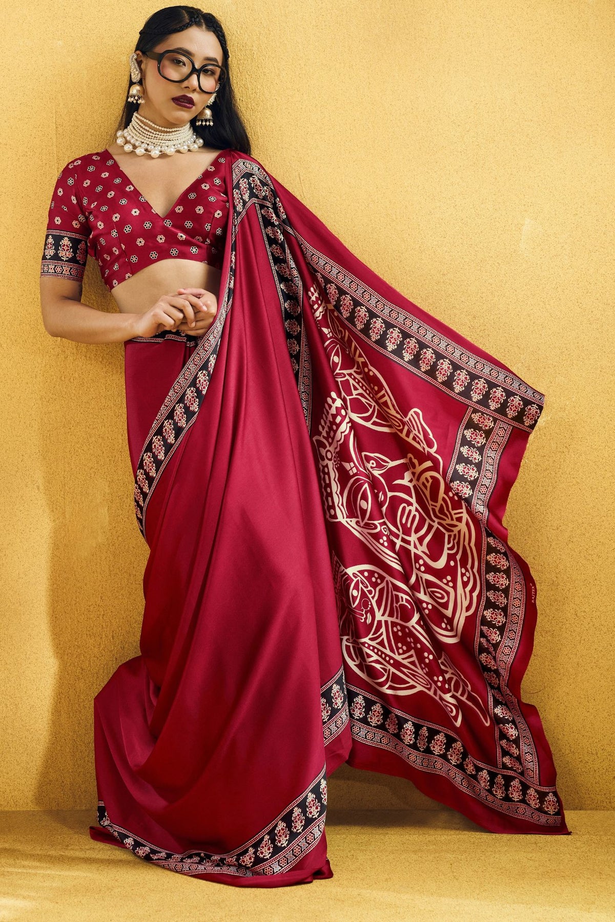 Buy MySilkLove Ruby Red Modal Ajrakh Satin Printed Silk Saree Online