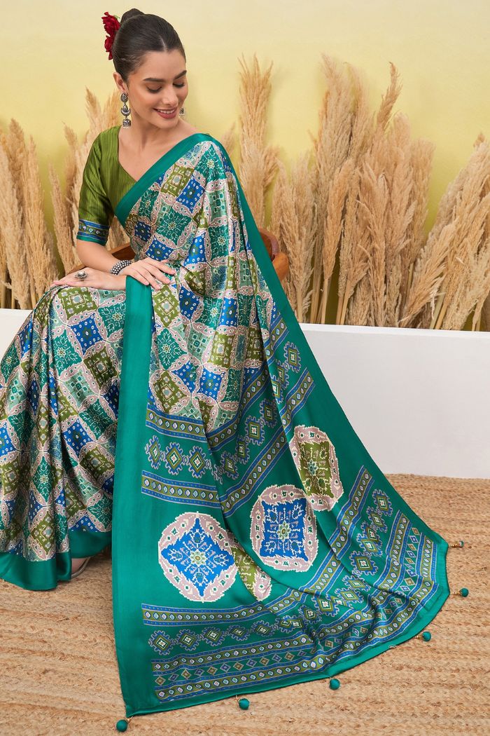 Buy MySilkLove Turquoise Blue Patola Printed Satin Crepe Silk Saree Online