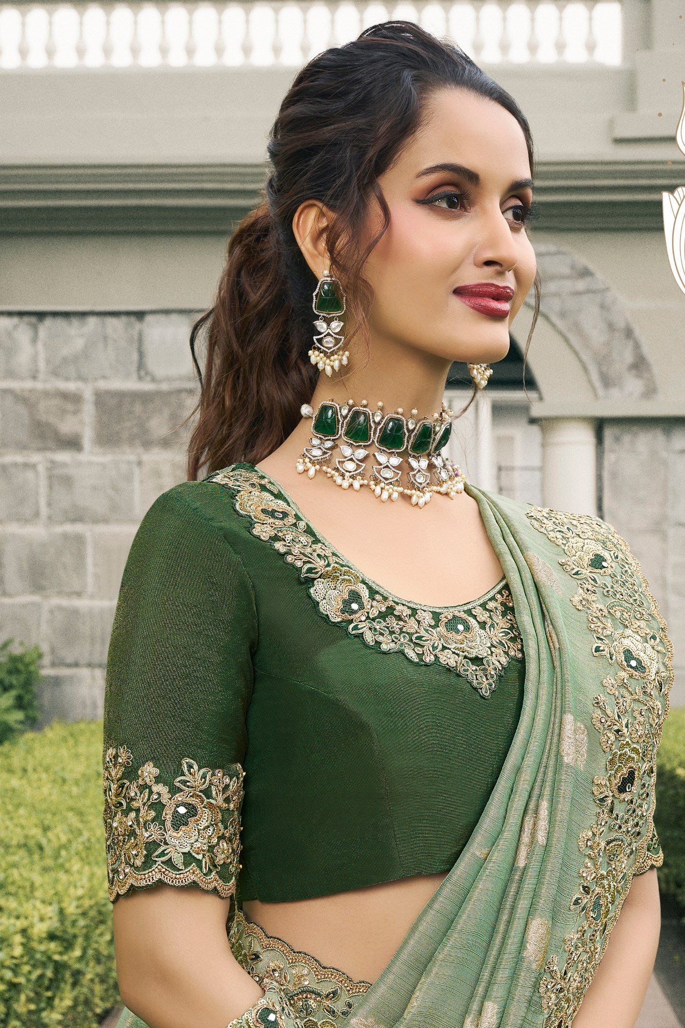 Buy MySilkLove Tallow Green Banarasi Designer Embroidered Saree Online