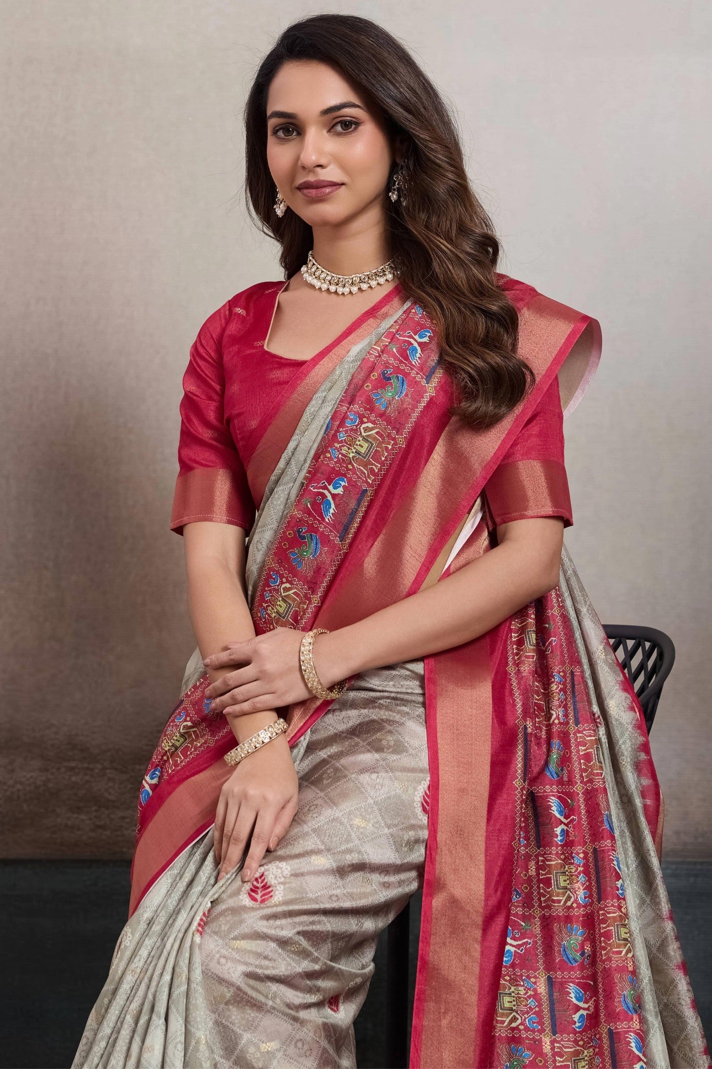 Buy MySilkLove Wood Grey and Pink Digital Printed Saree Online