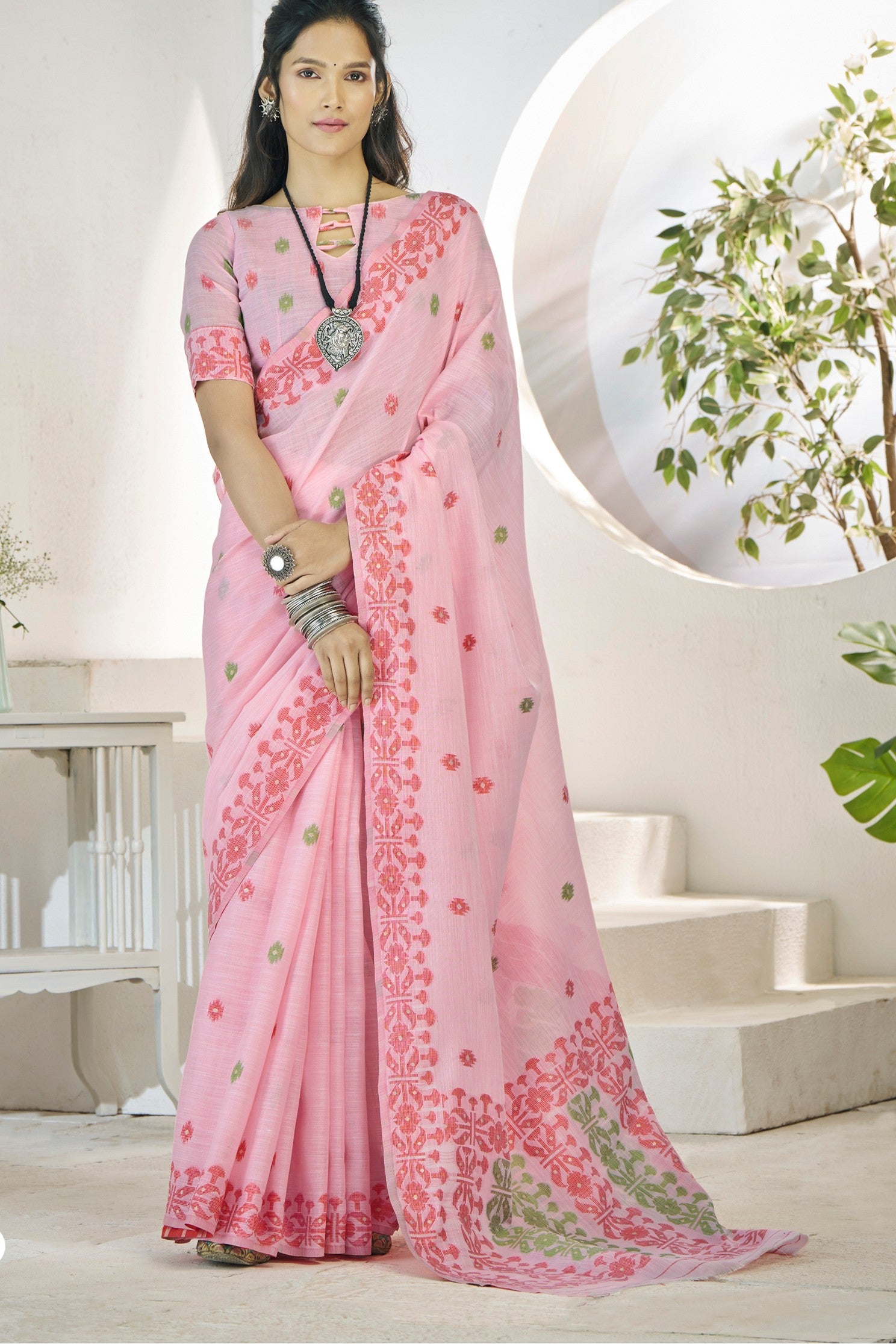 Buy MySilkLove Beauty Bush Pink Woven Linen Saree Online