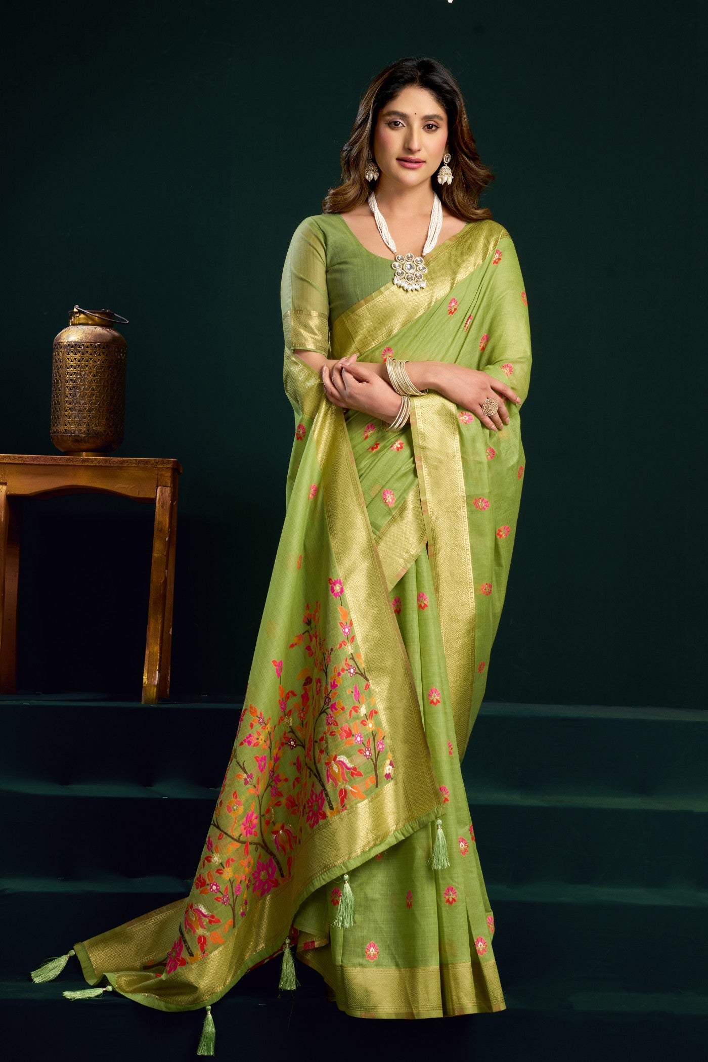 Buy MySilkLove Artichoke Green Handloom Muga Cotton Saree Online