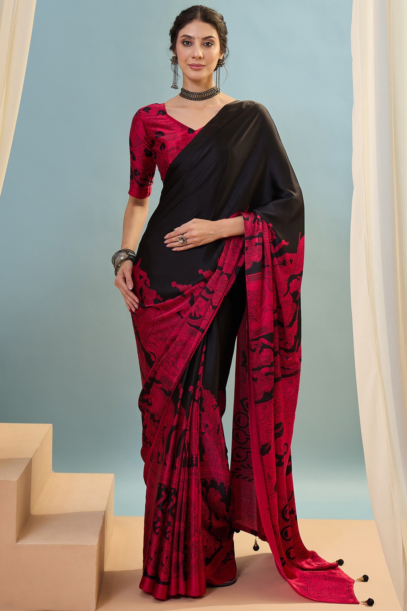 Buy MySilkLove Charleston Black Ajrakh Printed Satin Crepe Silk Saree Online