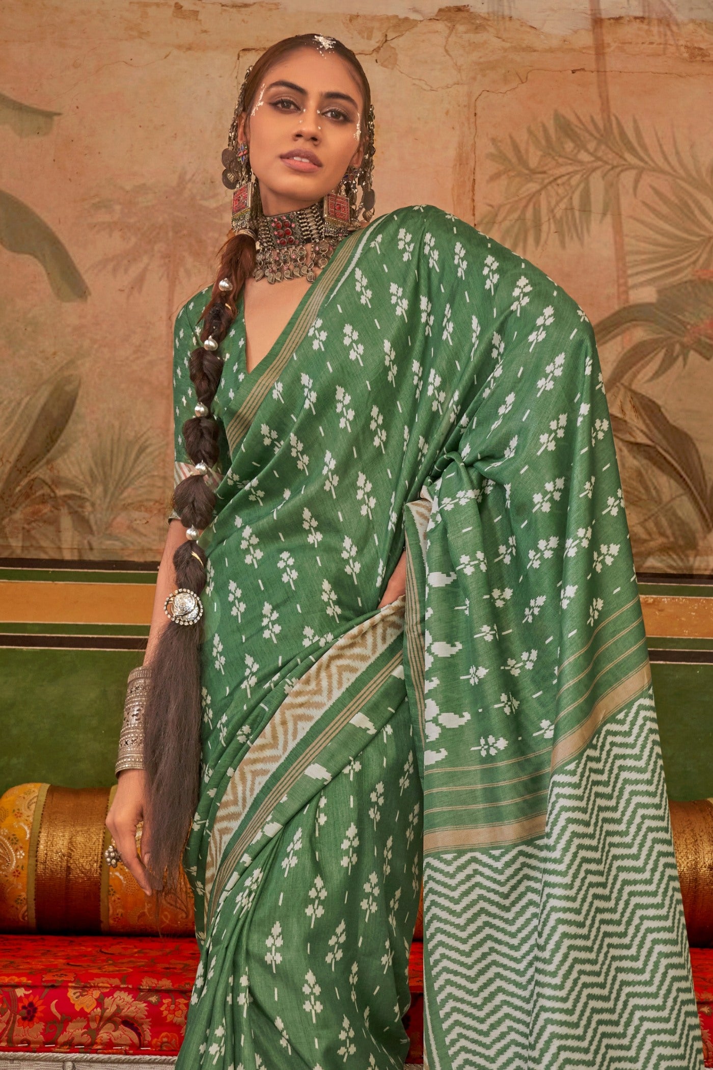 Buy MySilkLove Camouflage Green Printed Patola Saree Online