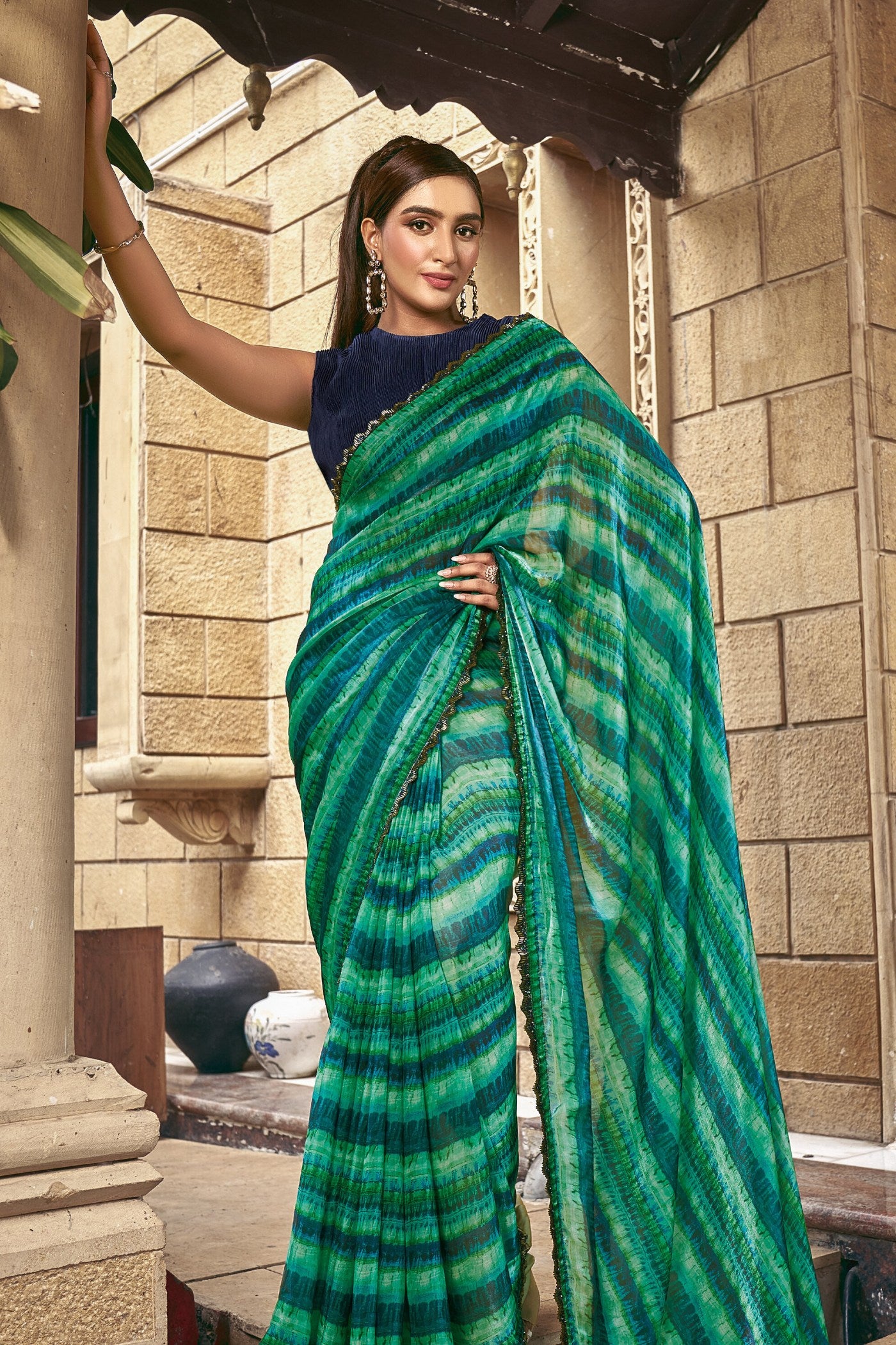 Buy MySilkLove Amrapali Green Satin Printed Silk Saree Online