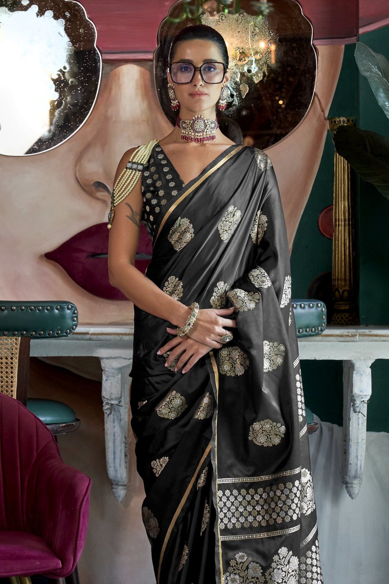 Buy MySilkLove Cinder Black Banarasi Handloom Satin Saree Online