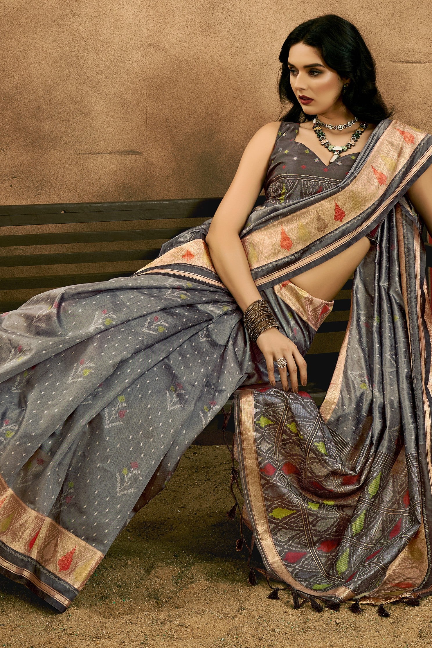 Buy MySilkLove Stone Grey Patola Handloom Saree Online