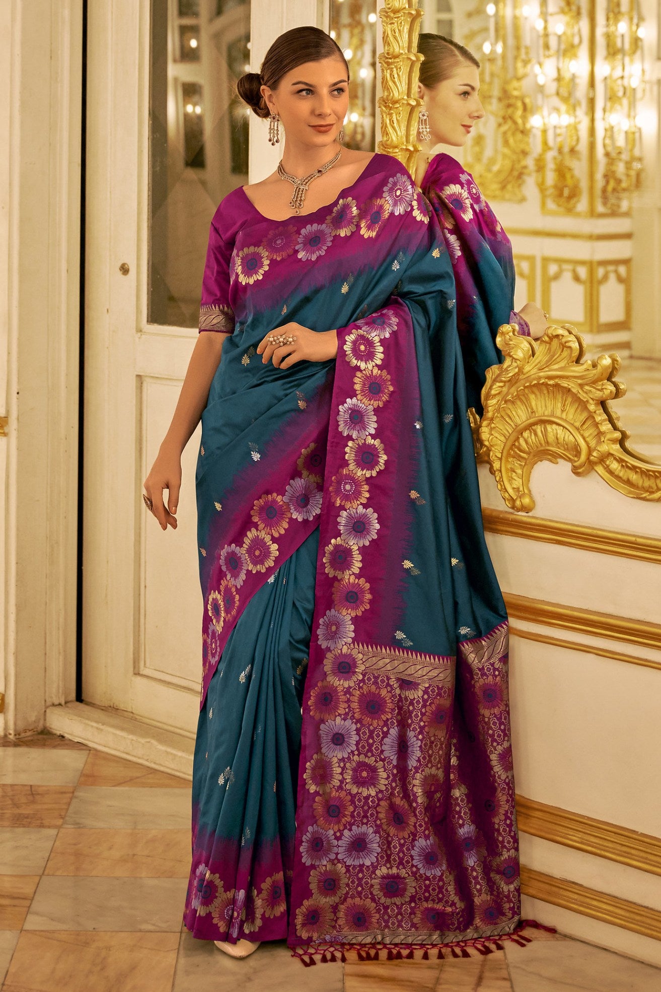 Buy MySilkLove Plantation Blue and Purple Woven Banarasi Saree Online