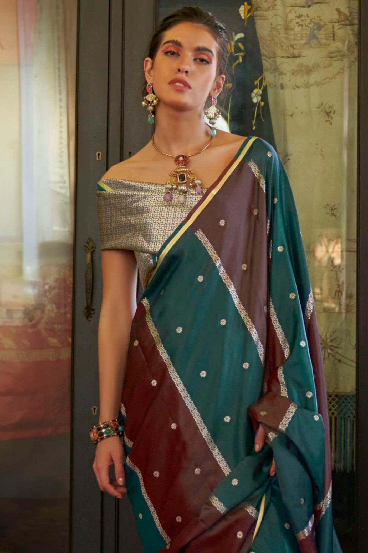 Buy MySilkLove Moss Green and Purple Handloom Rangkat Banarasi Satin Silk Saree Online