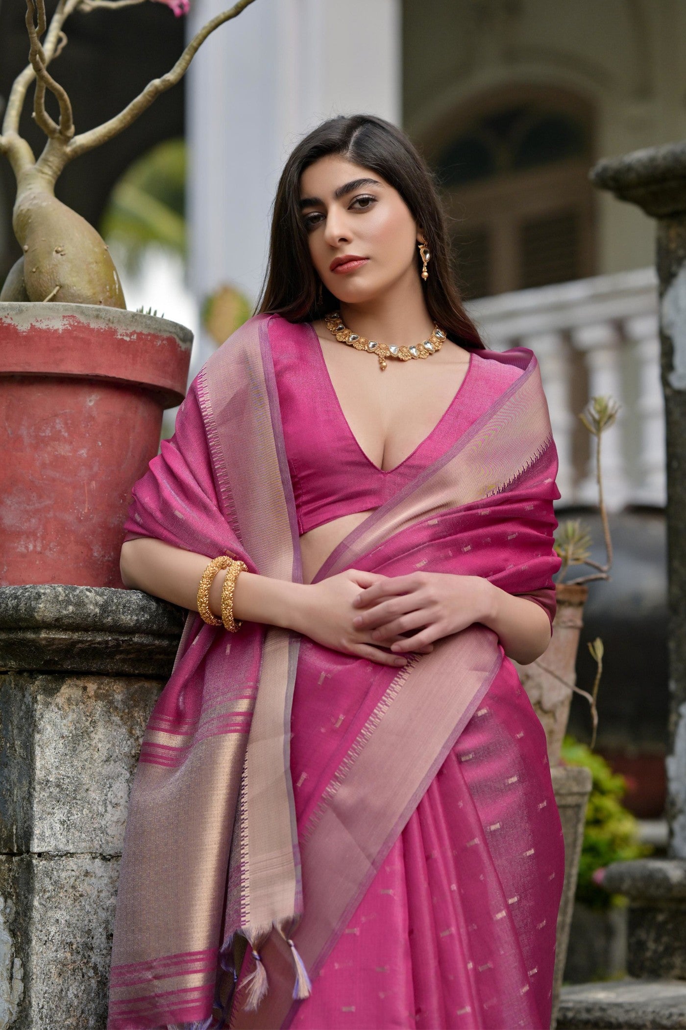 MySilkLove Magenta Pink Woven Banarasi Saree