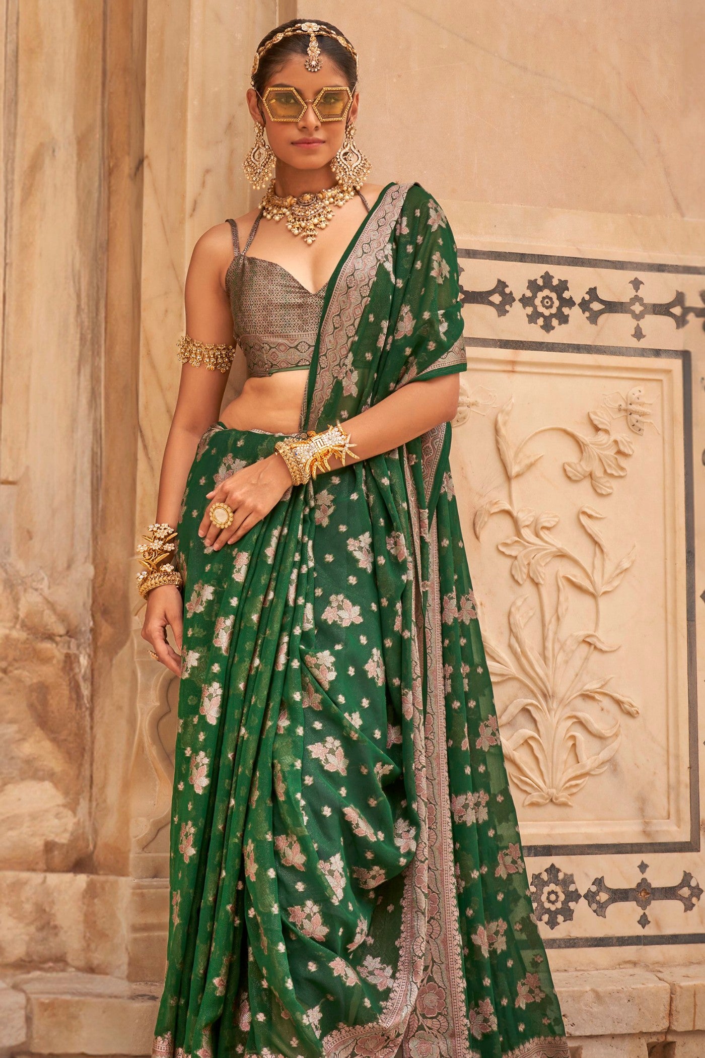 Buy MySilkLove Dark Clover Green Zari Woven Georgette Saree Online