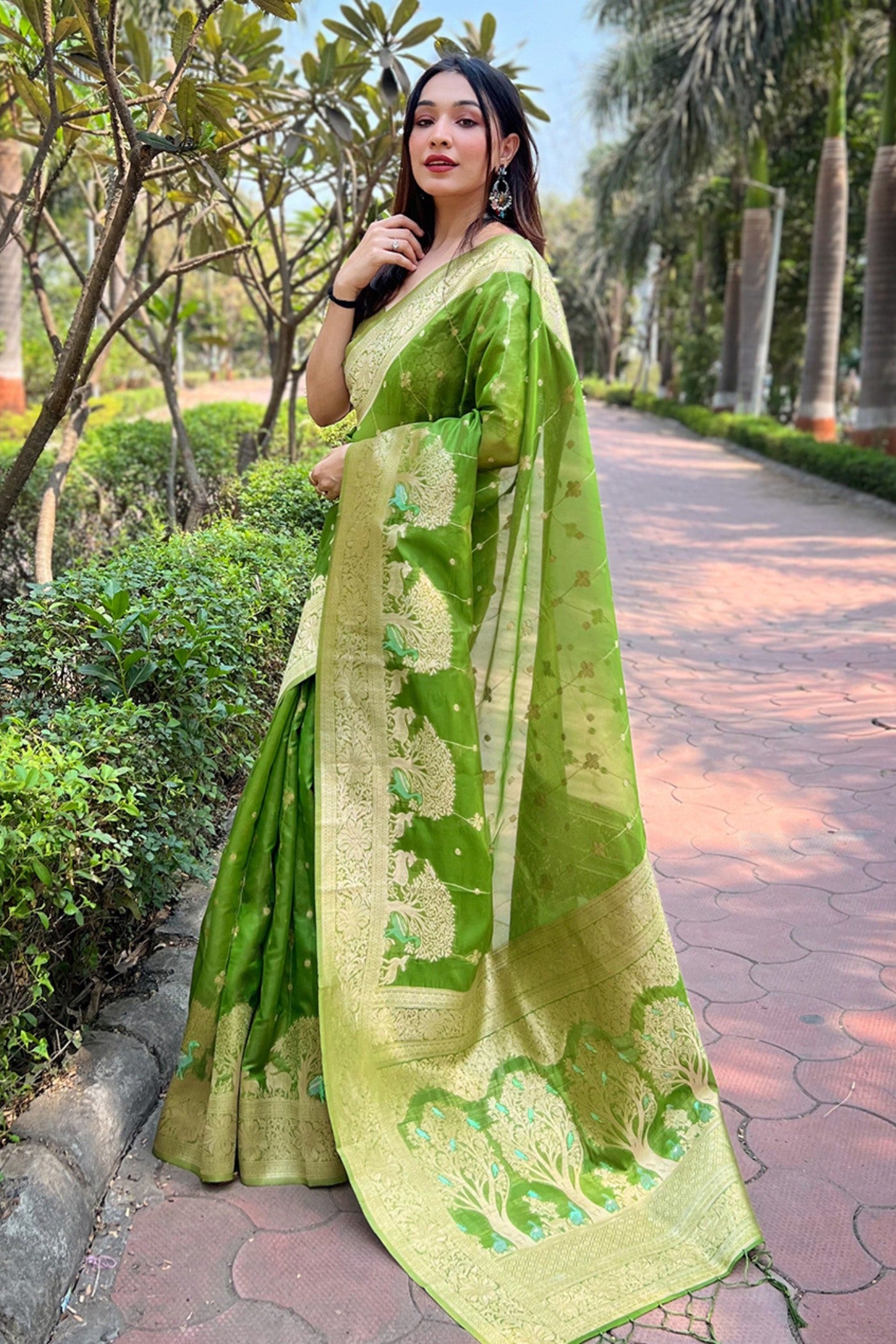 Buy MySilkLove Celery Green Woven Organza Saree Online