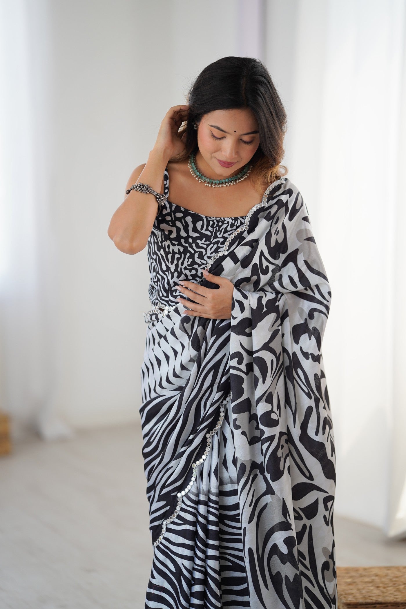 Buy MySilkLove Zebra Black Chinon Partywear Saree Online