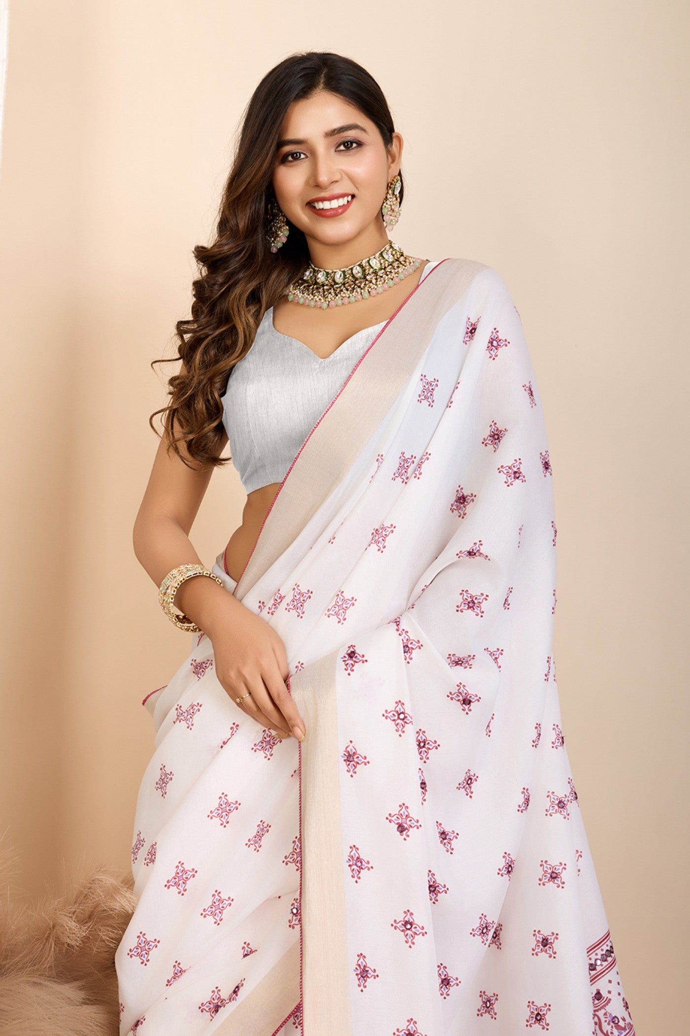 MySilkLove Alice White and Pink Printed Cotton Designer Saree