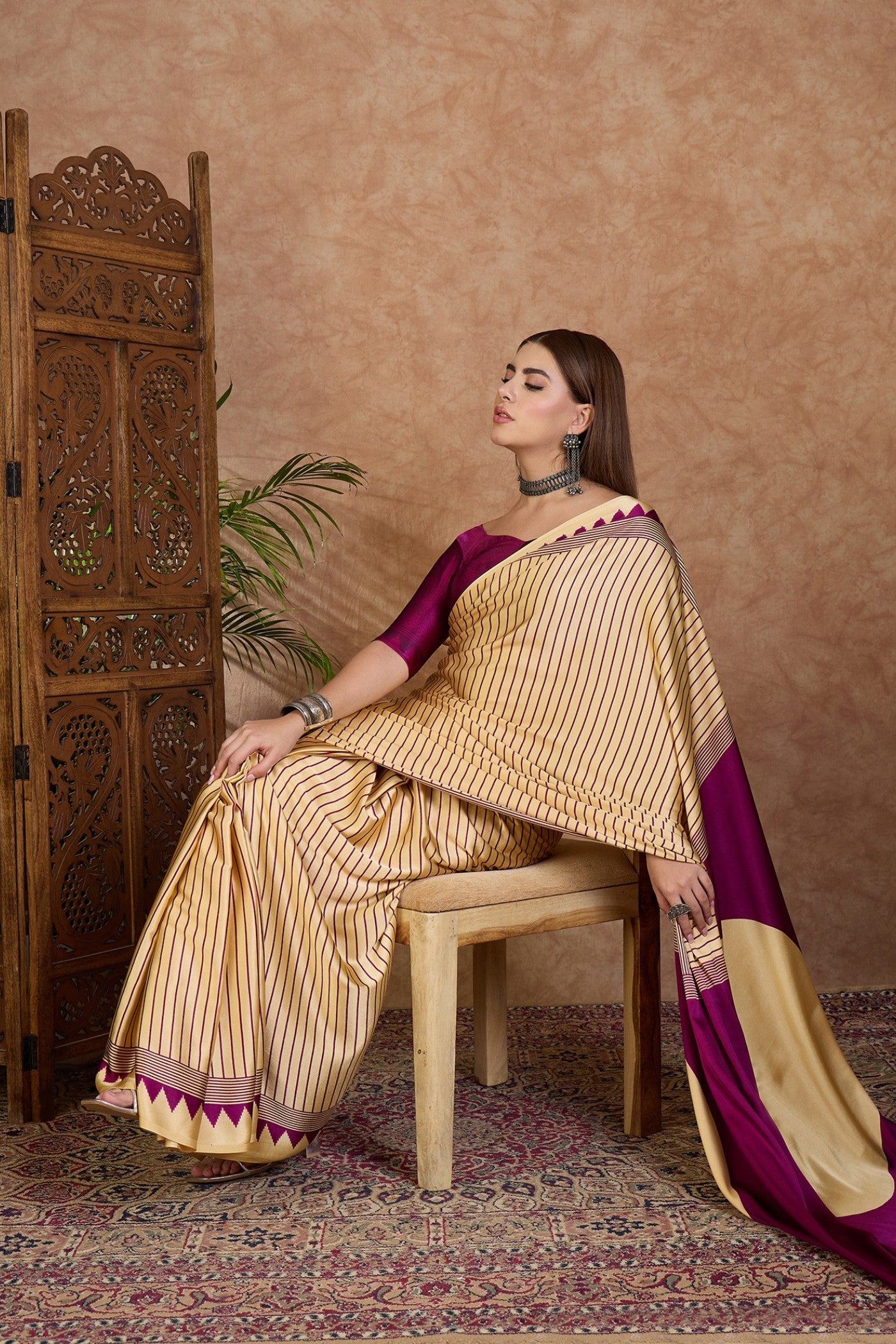 Buy MySilkLove Fawn Cream and Purple Stripe Ajrakh Printed Satin Crepe Silk Saree Online