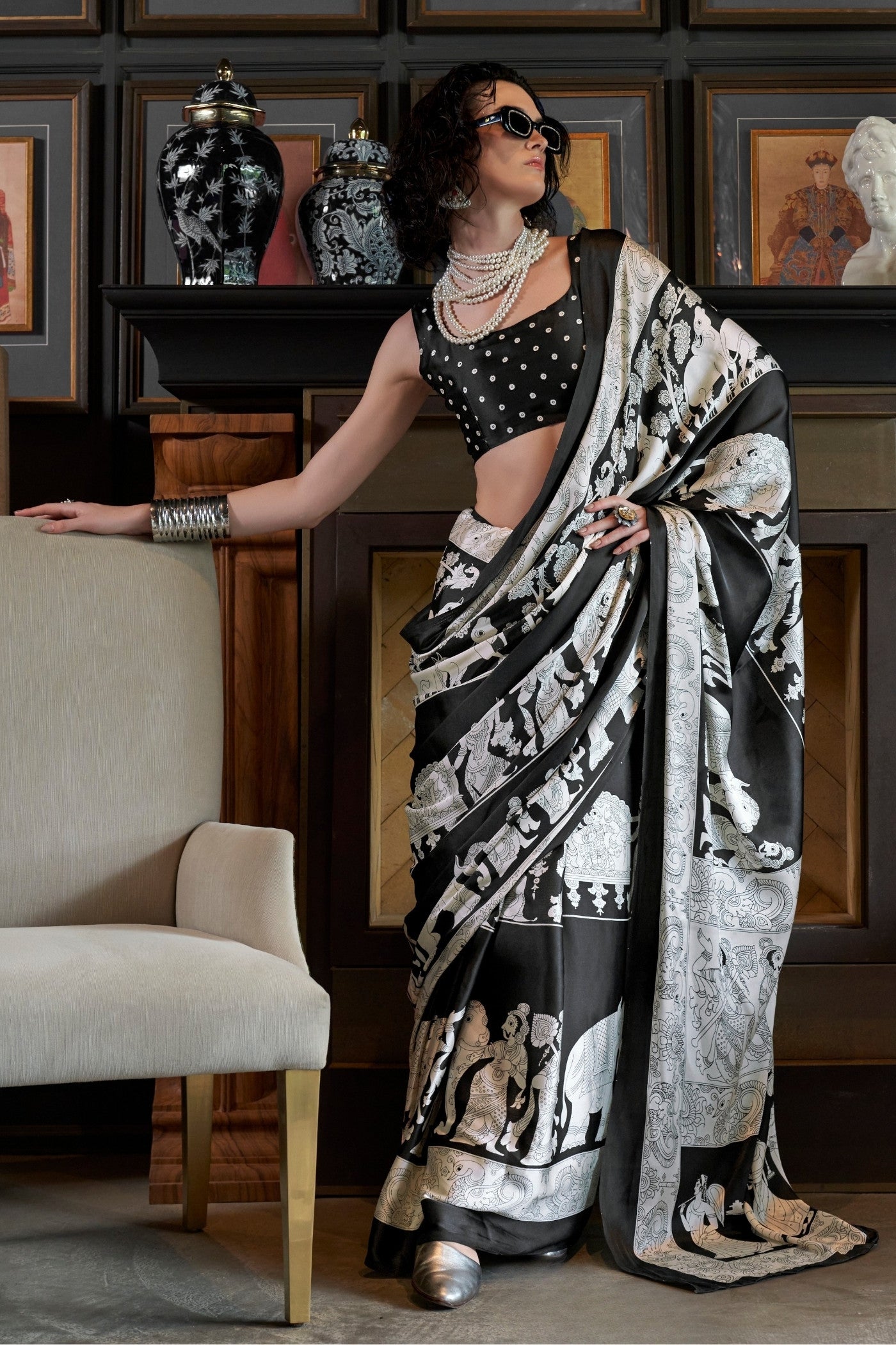 Buy MySilkLove Asher Black and White Patola Printed Satin Crepe Saree Online