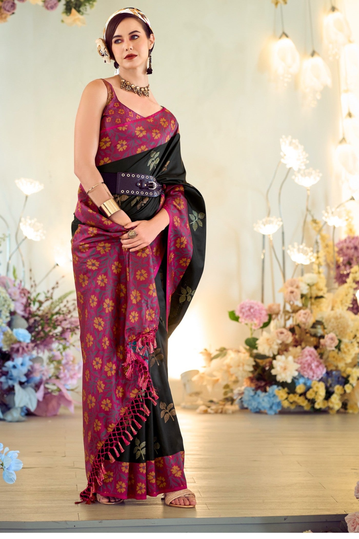 Buy MySilkLove Outer Space Black Woven Banarasi Soft Silk Saree Online