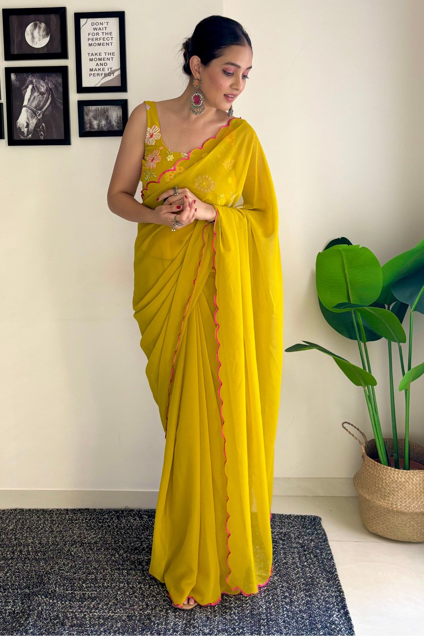 Buy MySilkLove Moccasin Yellow Gerogette Saree Online