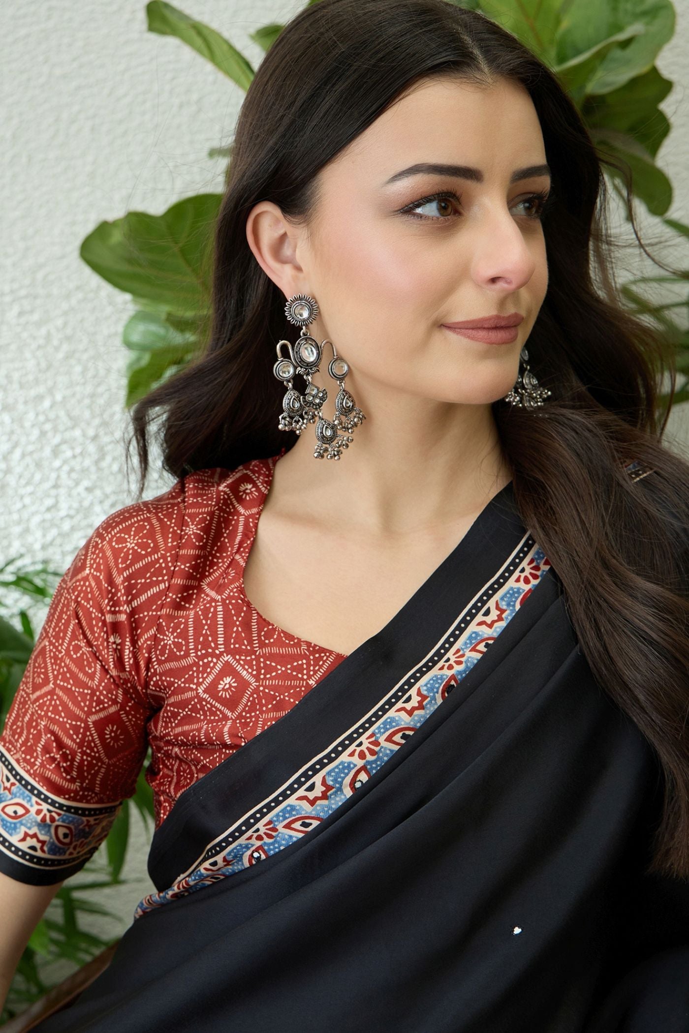 Buy MySilkLove Jet Black and Red Modal Ajrakh Satin Printed Silk Saree Online