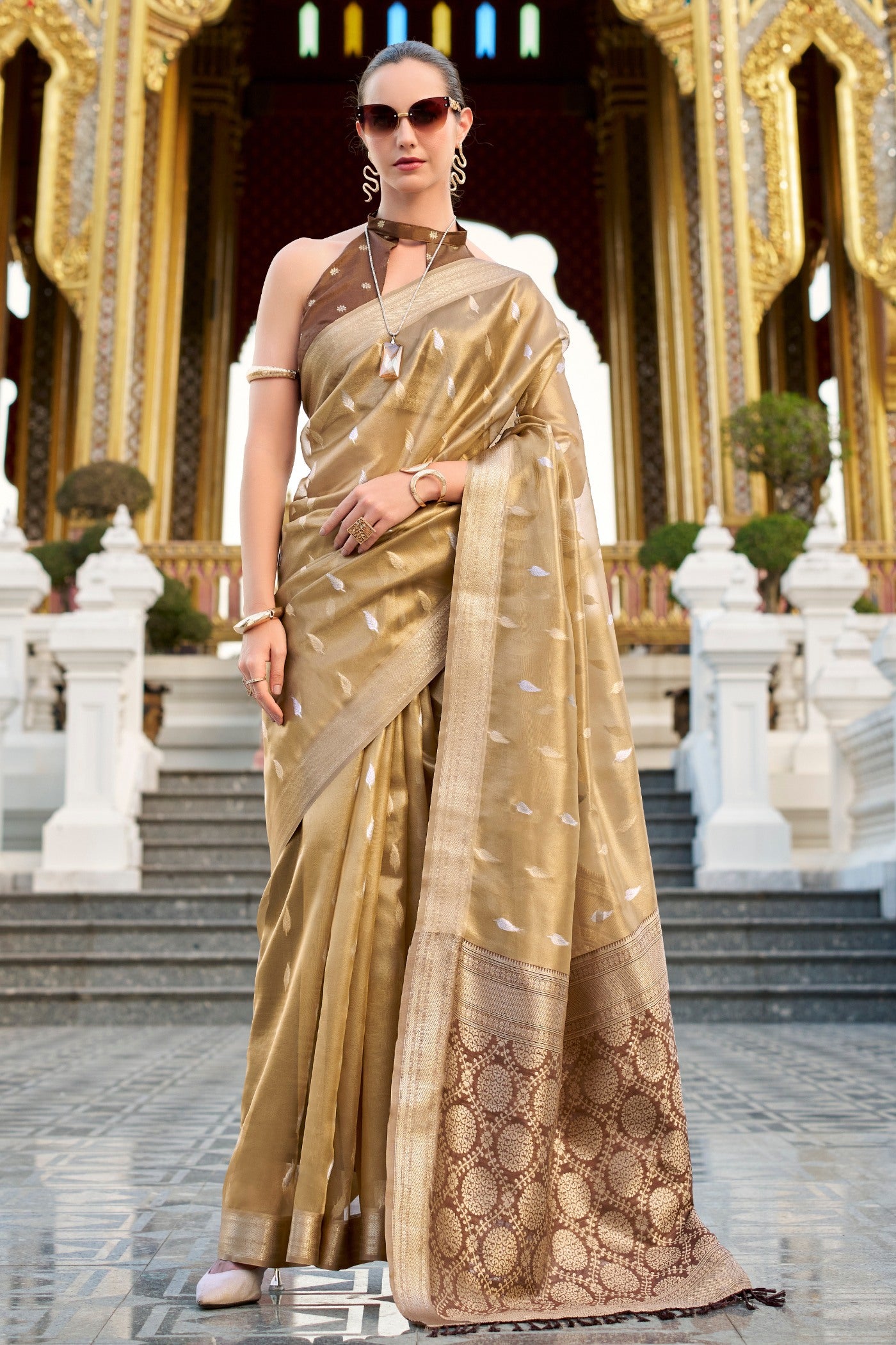 Buy MySilkLove Muesli Brown Tissue Silk Saree Online