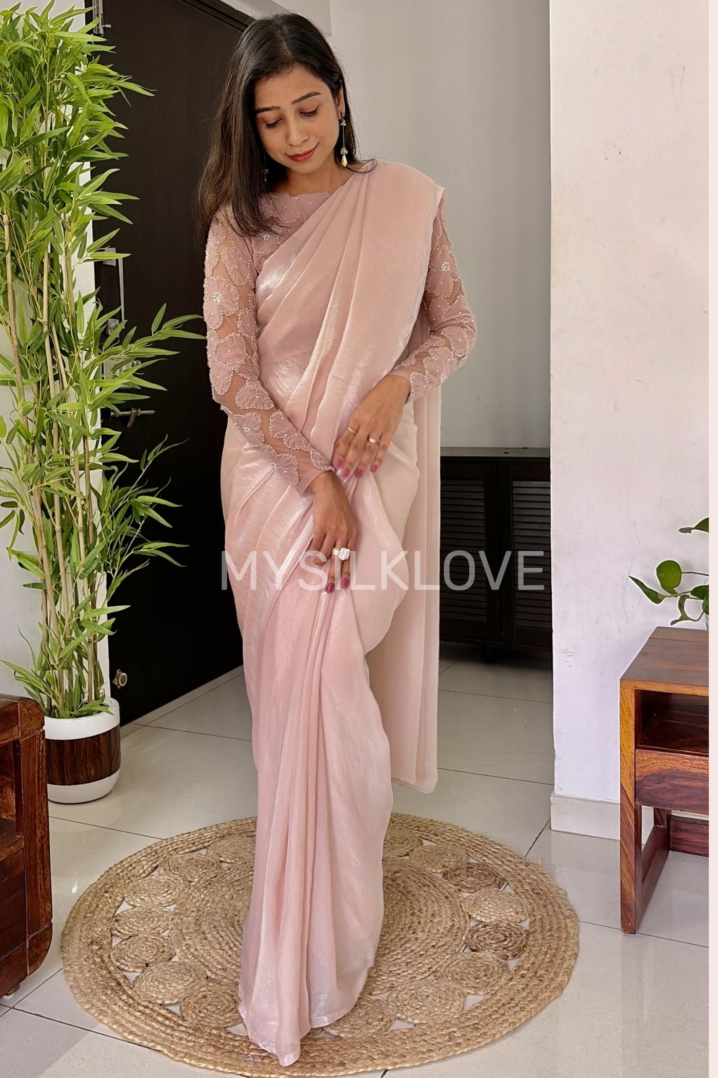 Buy MySilkLove Shine Pink Designer Partywear Saree with Floral Blouse Without Blouse Online