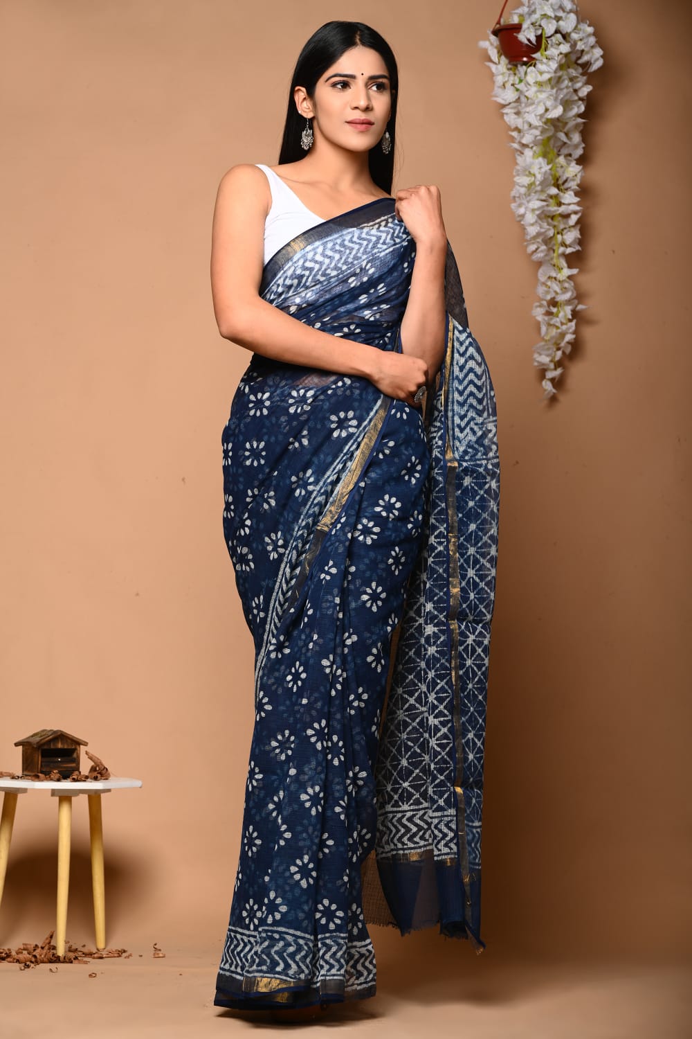 Buy MySilkLove Big Stone Blue Handblock Kota Doriya Saree Online