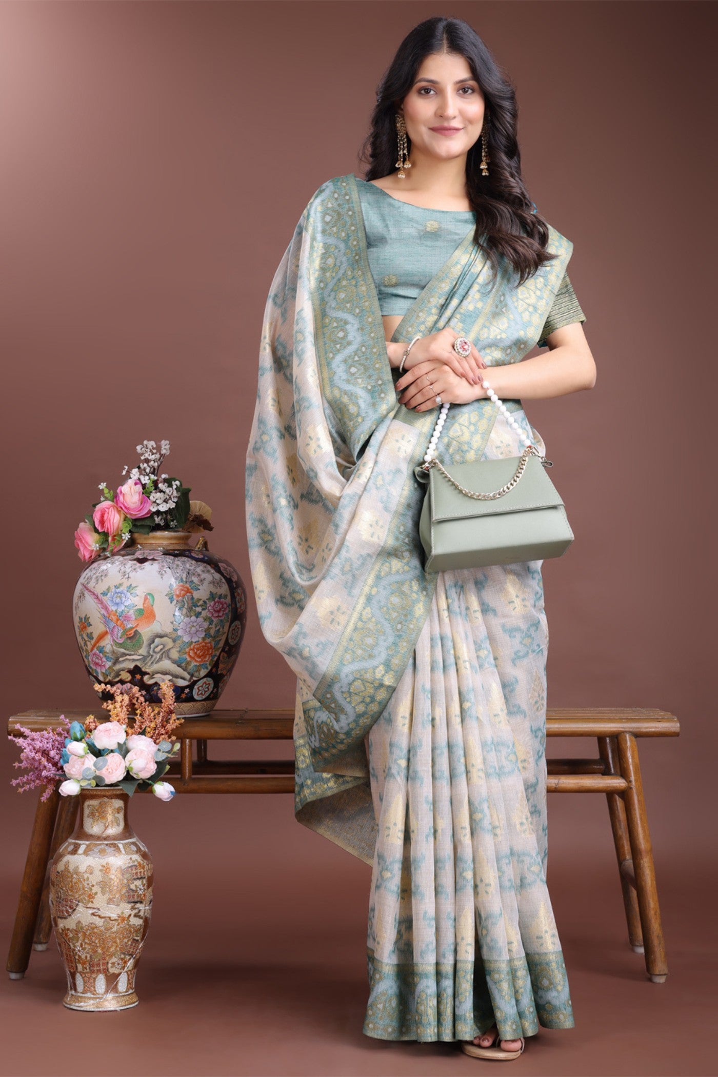 Buy MySilkLove Arctic Blue Linen Cotton Saree Online