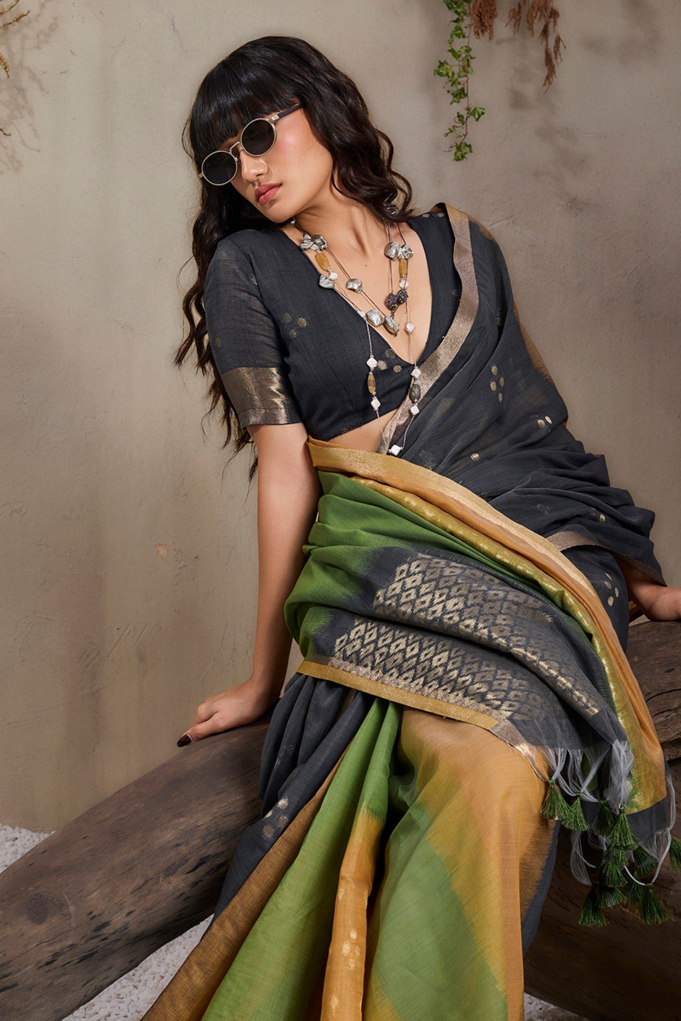 Buy MySilkLove Volcanic Black and Green Handloom Cotton Saree Online