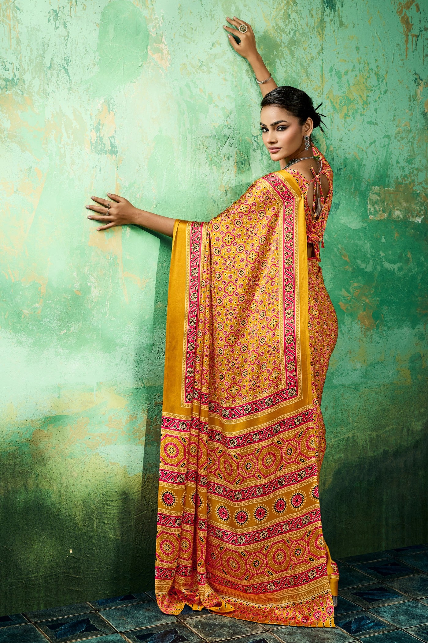 Buy MySilkLove Citrus Spark Yellow Modal Ajrakh Satin Printed Silk Saree Online