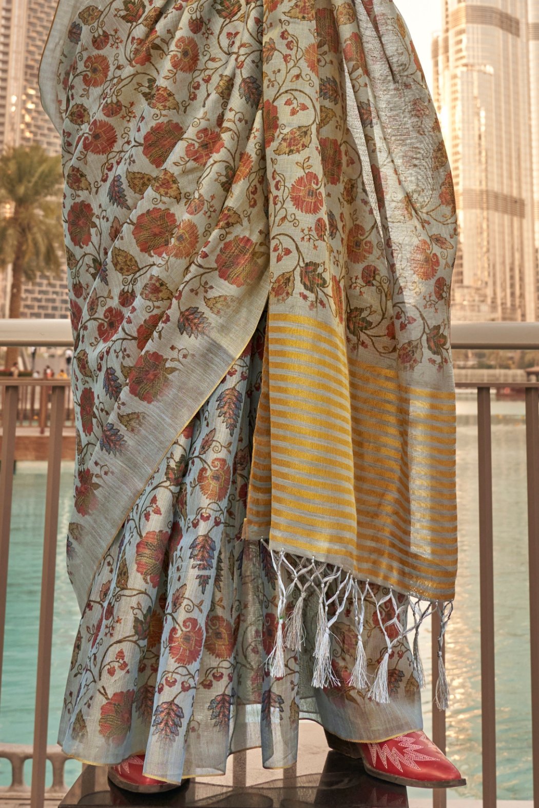 Buy MySilkLove Flint Grey Printed Tissue Saree Online