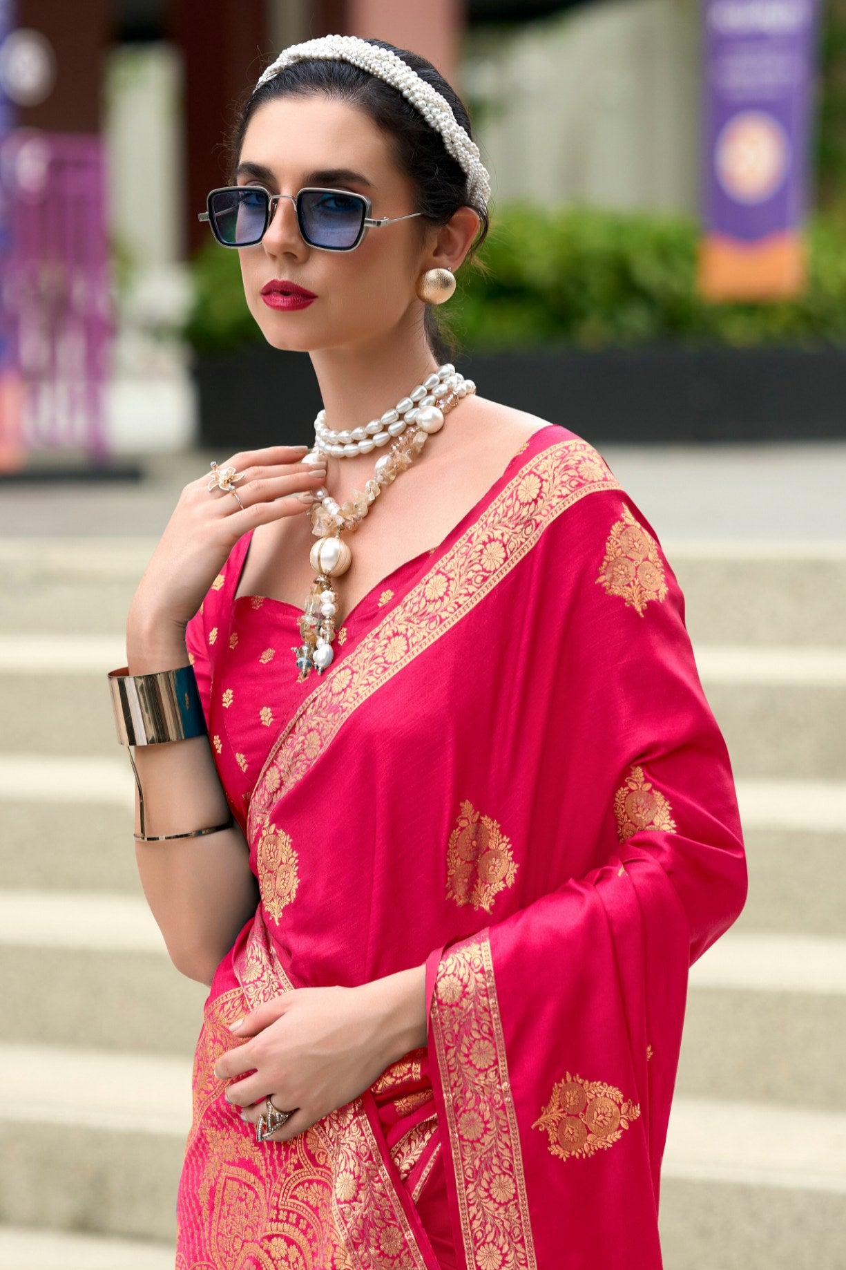 Buy MySilkLove Crimson Pink Banarasi Handloom Satin Saree Online