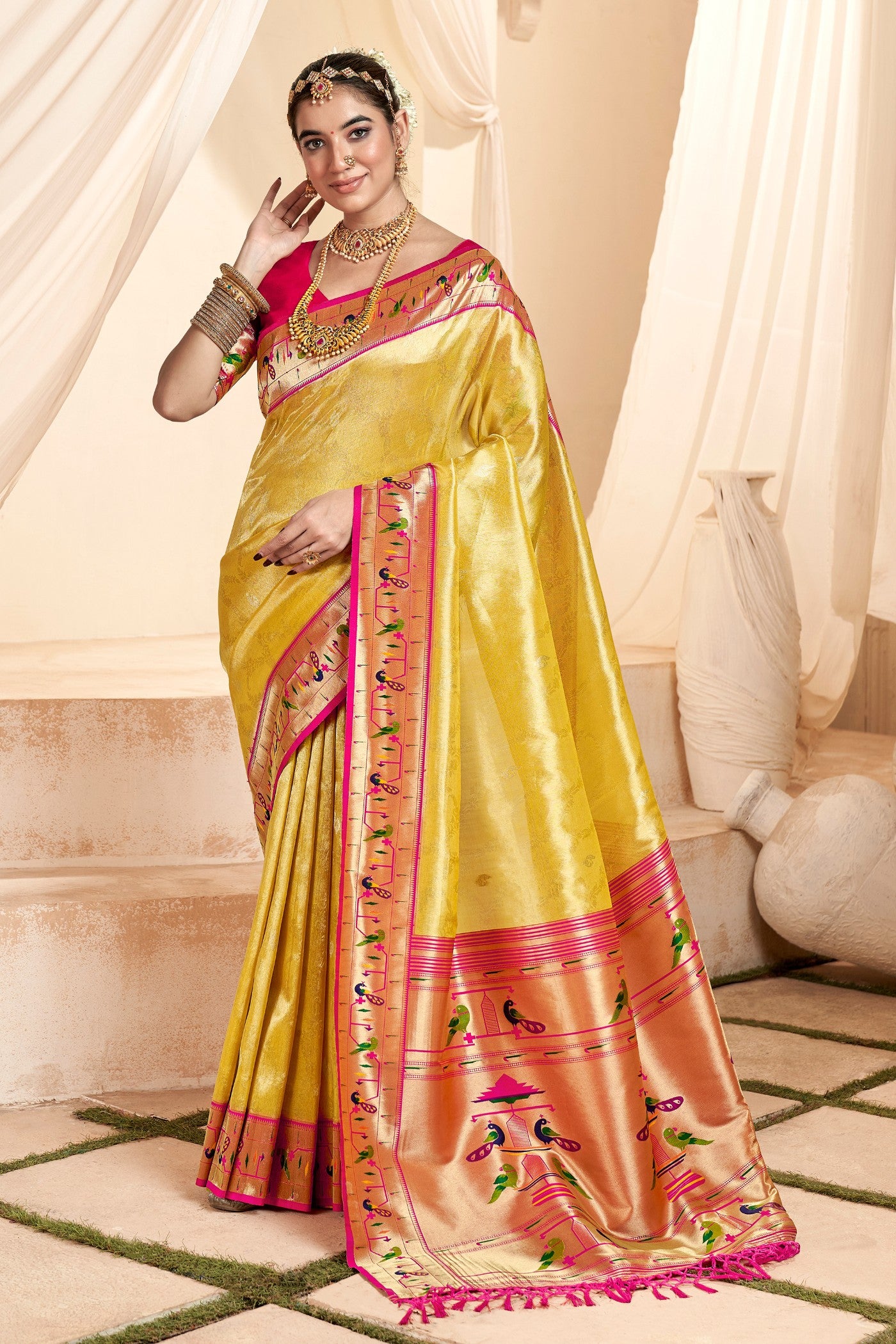 Buy MySilkLove Bee Yellow Zari Woven Paithani Tissue Saree Online