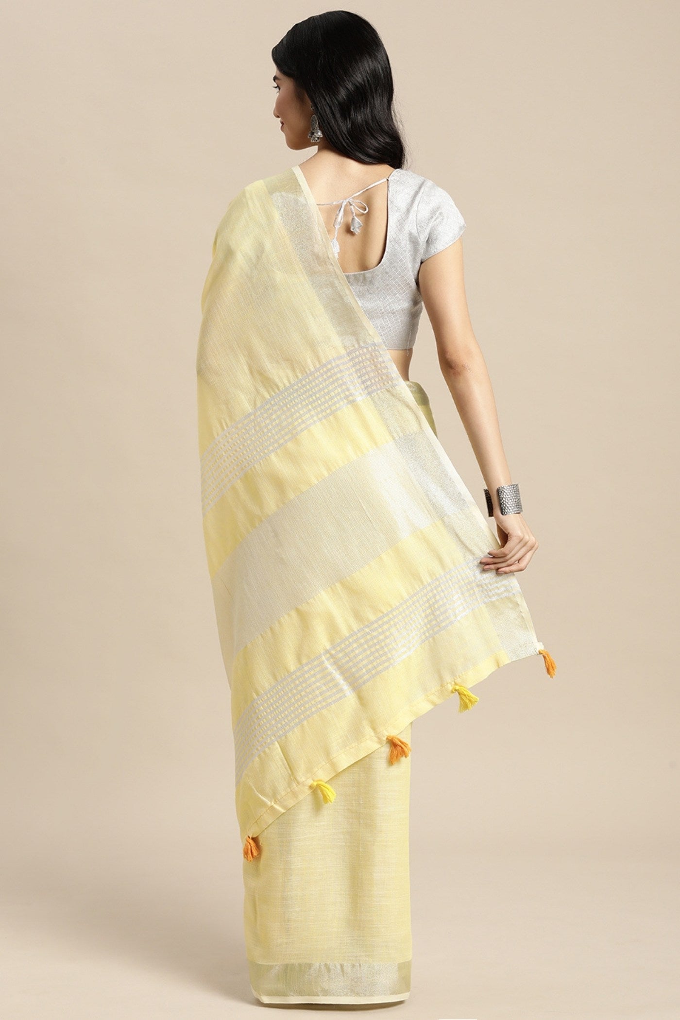 Buy MySilkLove Pastel Yellow Woven Linen Cotton Saree Online