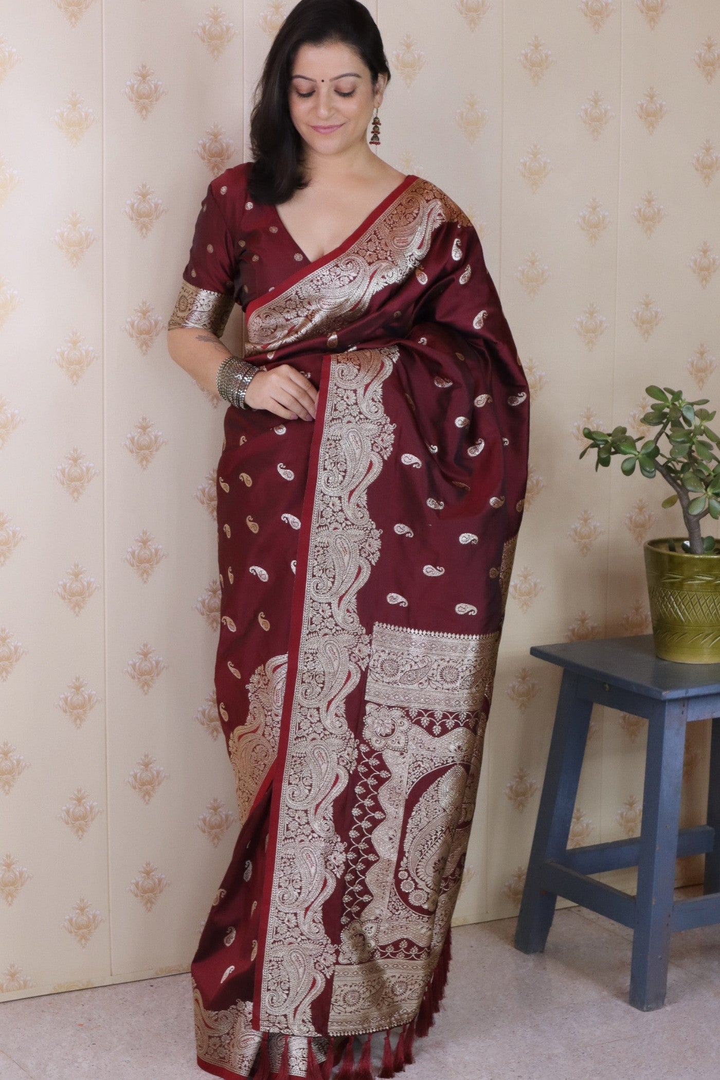 Buy MySilkLove Rosewood Maroon Banarasi Handloom Saree Online