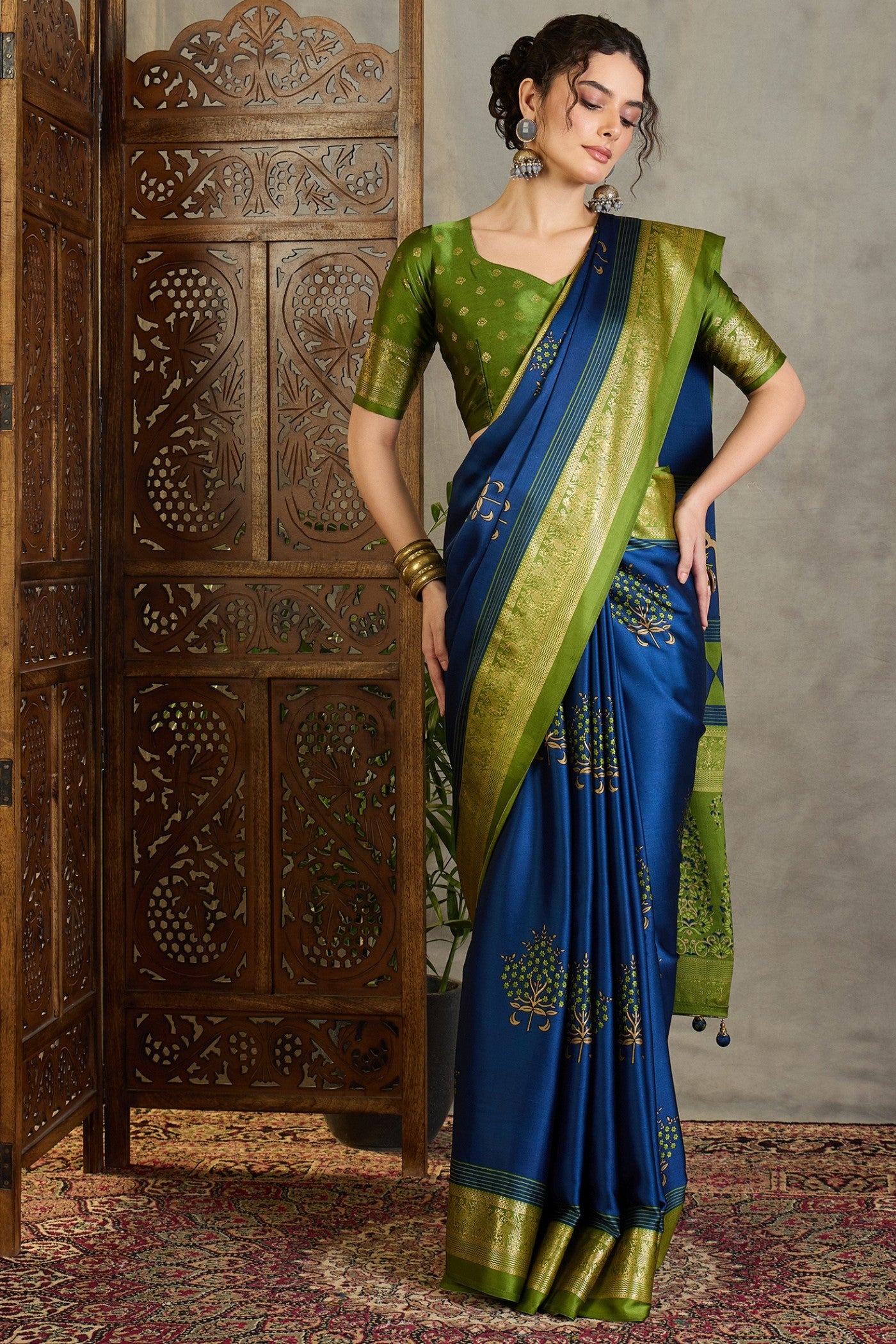 Buy MySilkLove Tidal Blue and Green Printed Satin Crepe Silk Saree Online