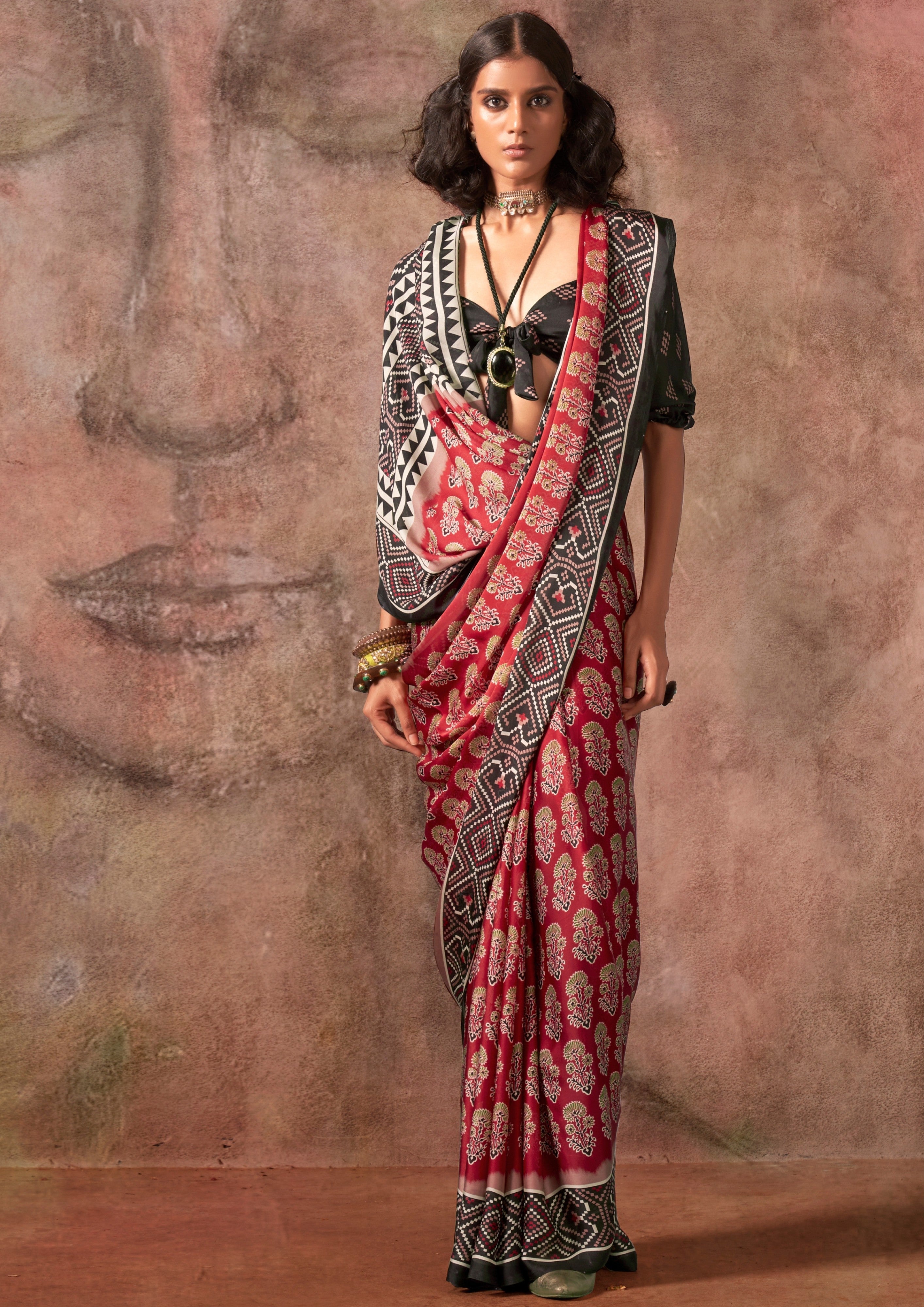 MySilkLove Rich Maroon Ajrakh Printed Satin Georgette Silk Saree