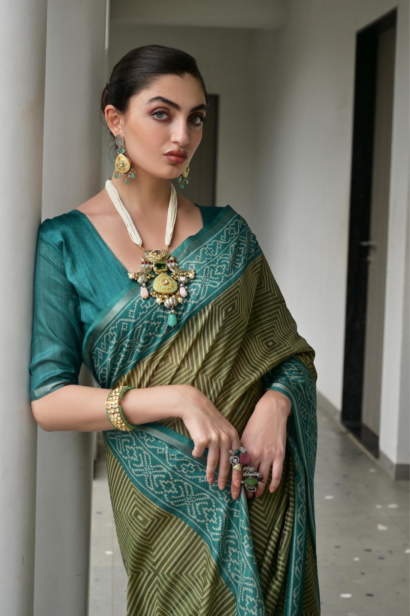 MySilkLove Verdun Green and Blue Printed Tussar Silk Saree