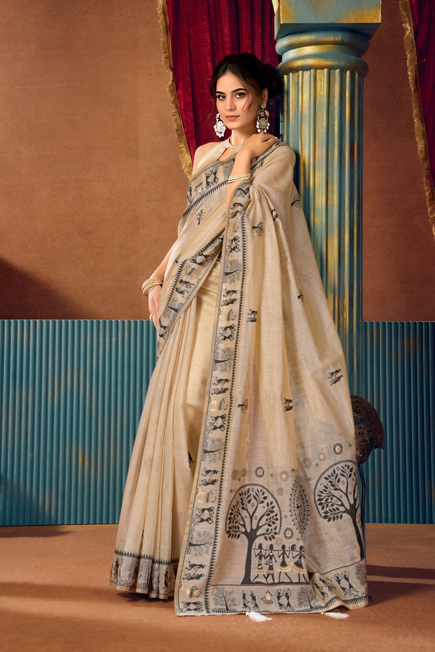 Buy MySilkLove Seashell Cream Woven Modal Cotton Saree Online