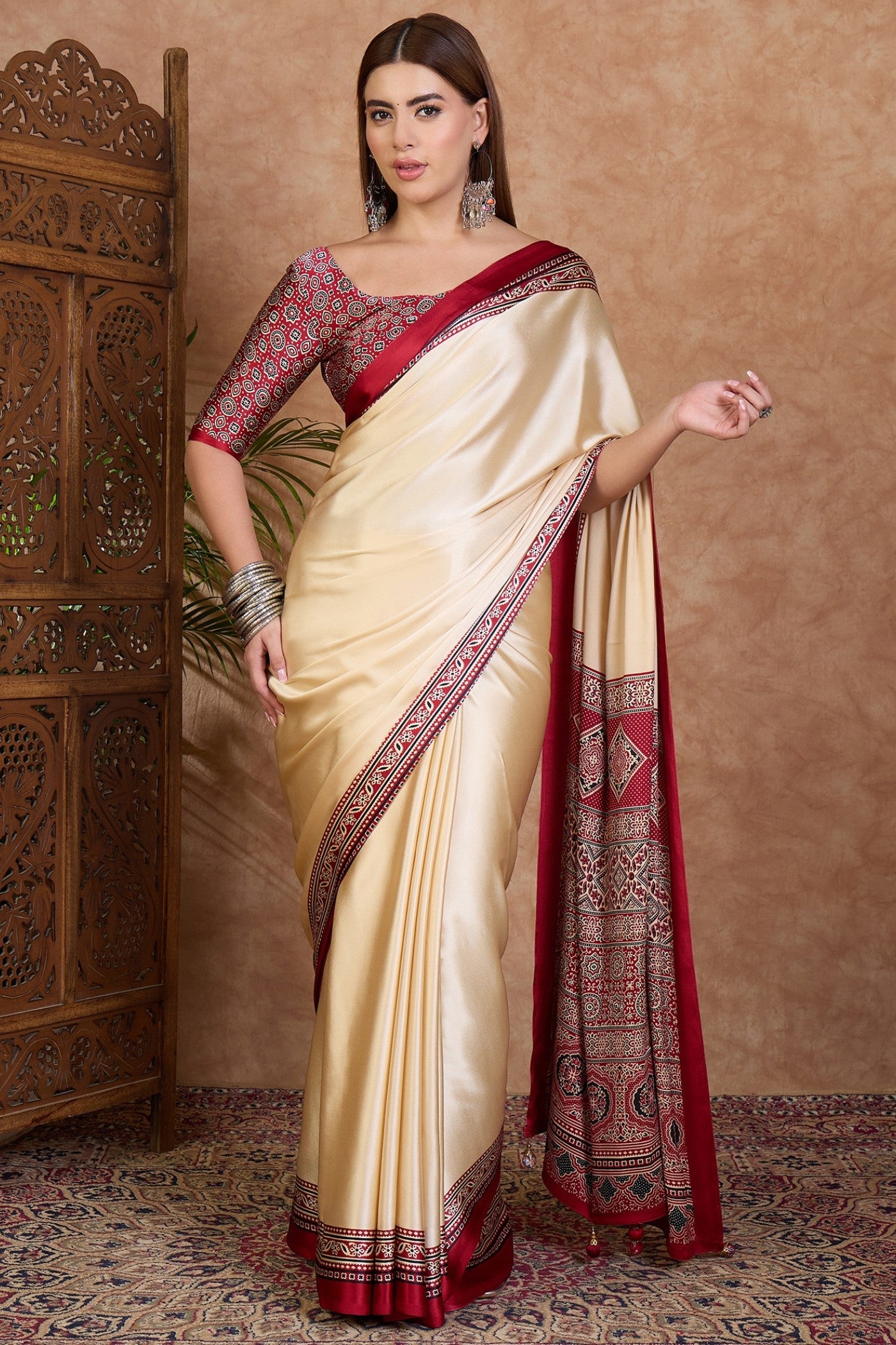 Buy MySilkLove Linen Cream and Red Ajrakh Printed Satin Crepe Silk Saree Online