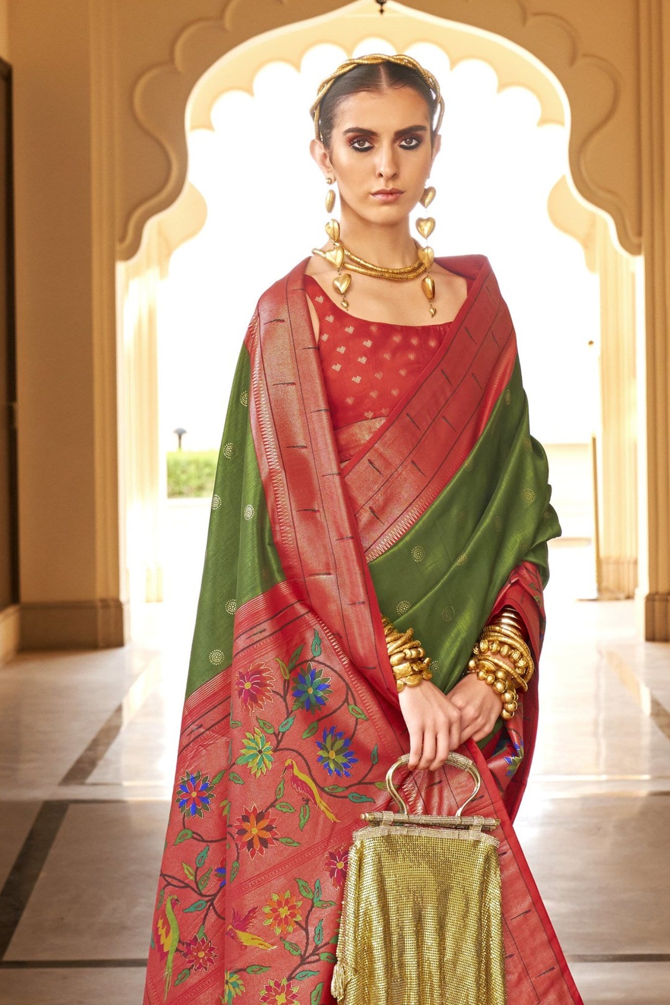 Buy MySilkLove Leaf Green and Red Woven Paithani Designer Saree Online