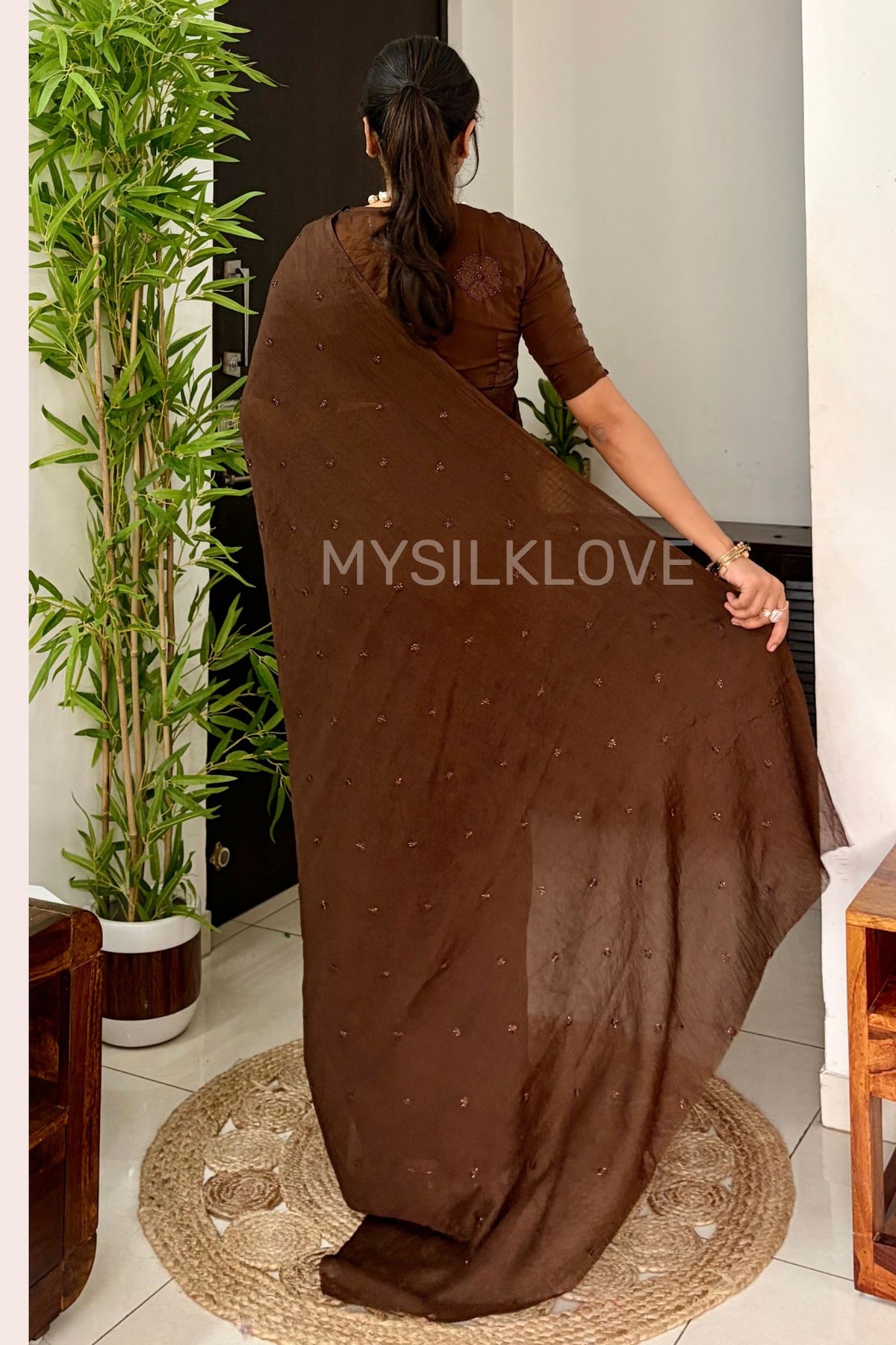 Buy MySilkLove Toffee Brown Bidding Work Georgette Saree Online