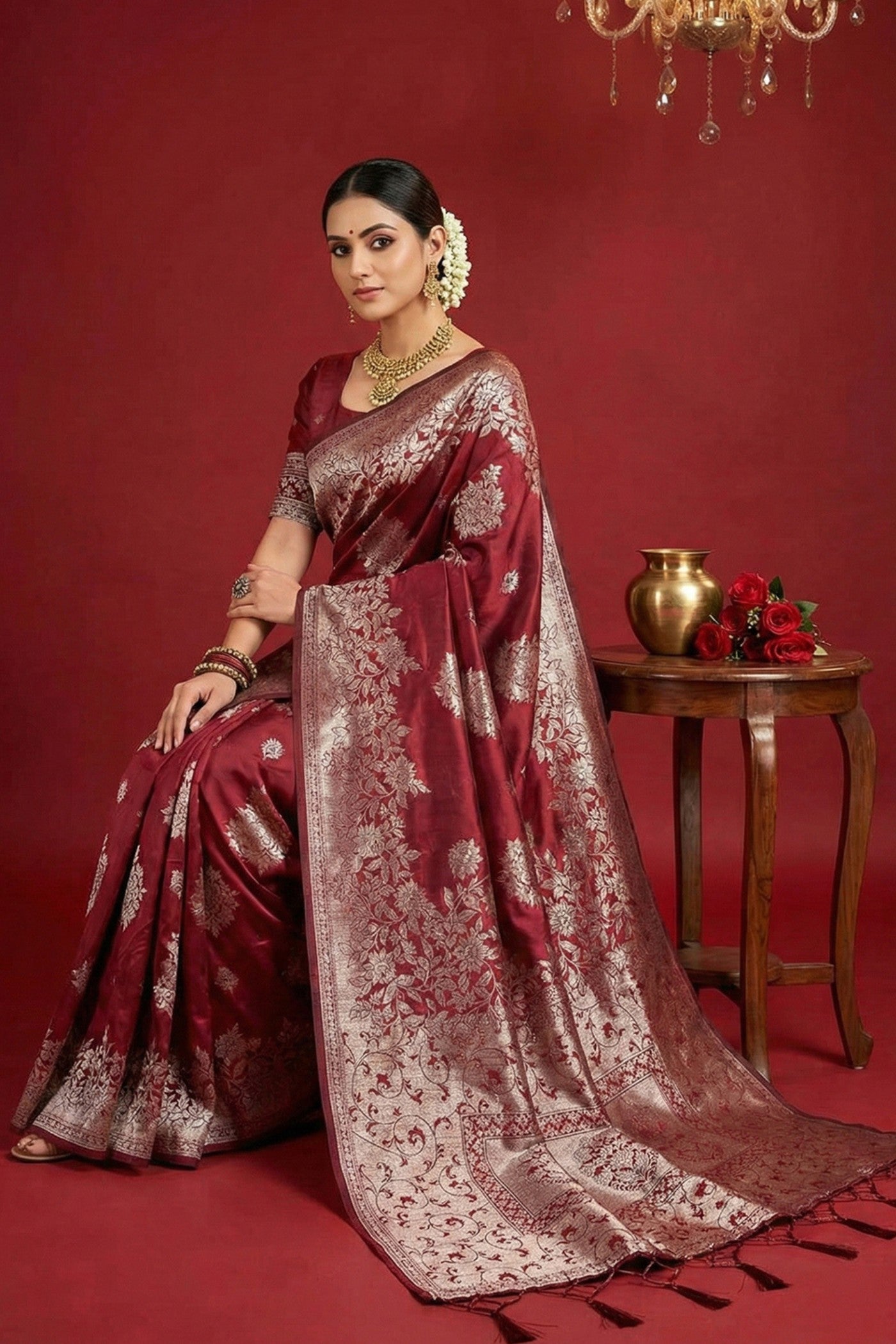 MySilkLove Umber Maroon Woven Banarasi Silk Saree