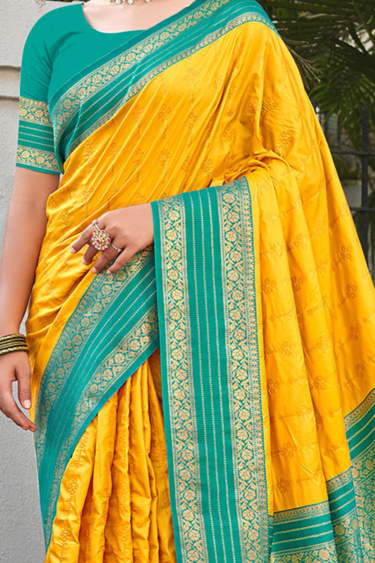 Buy MySilkLove Sunrise Yellow and Green Woven Banarasi Saree Online