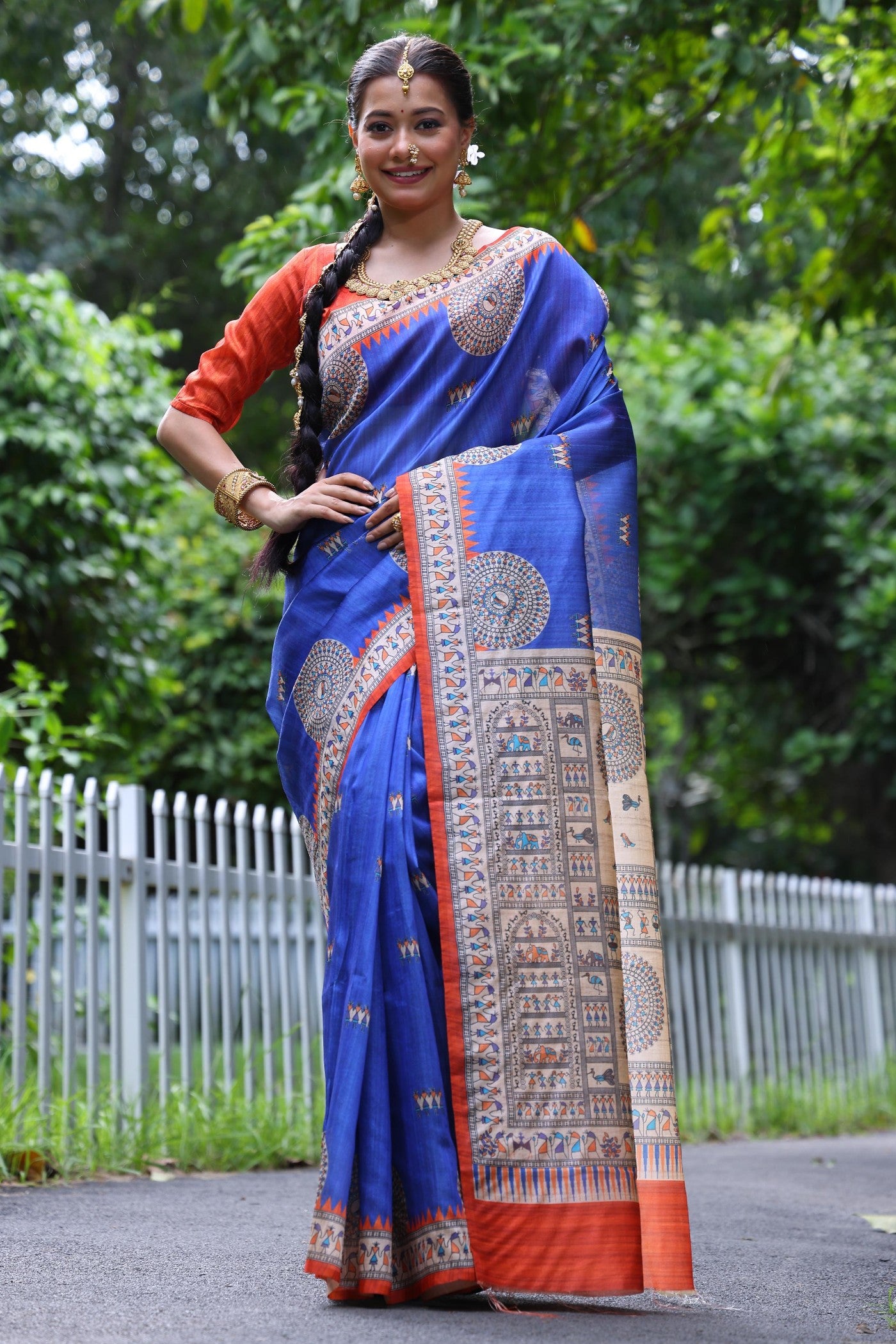 Buy MySilkLove Berkeley Blue Madhubani Tussar Printed Silk Saree Online
