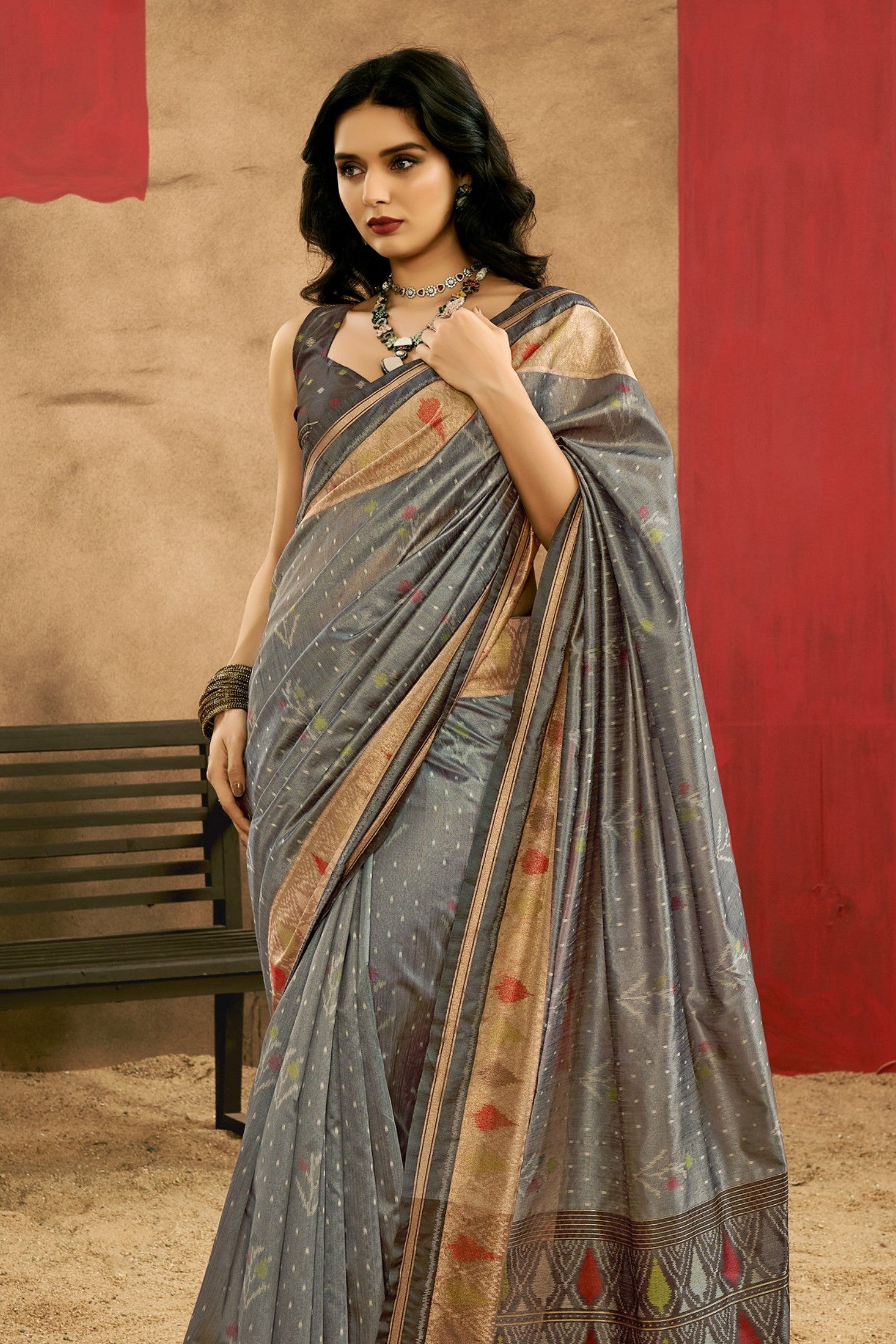 Buy MySilkLove Stone Grey Patola Handloom Saree Online