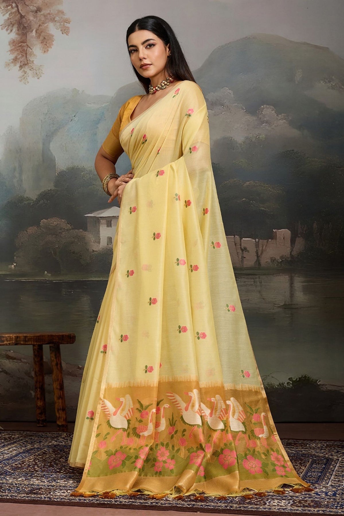 Buy MySilkLove Primrose Yellow Cotton Handloom Swan Saree Online