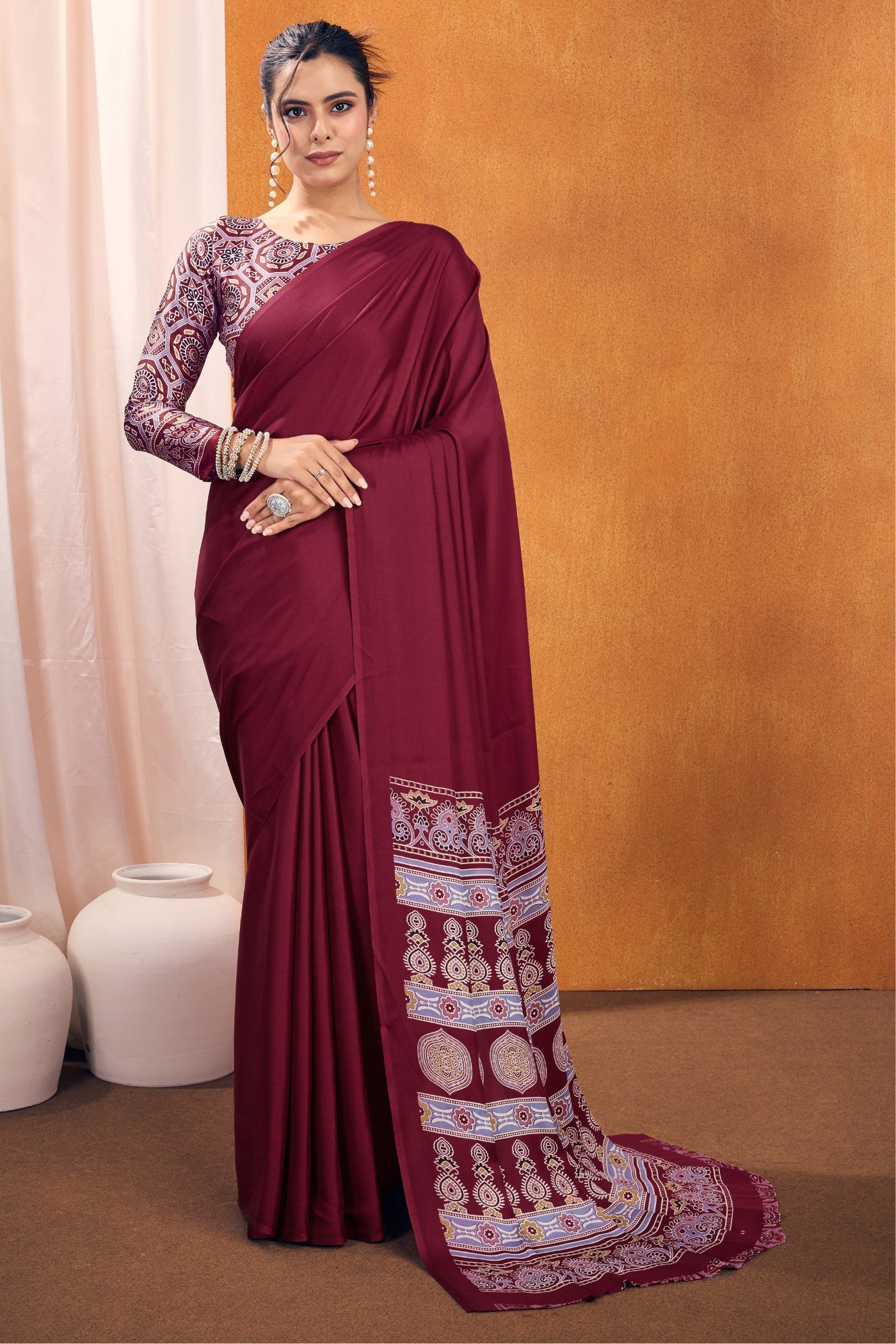Buy MySilkLove Brick Maroon Ajrakh Printed Satin Crepe Silk Saree Online