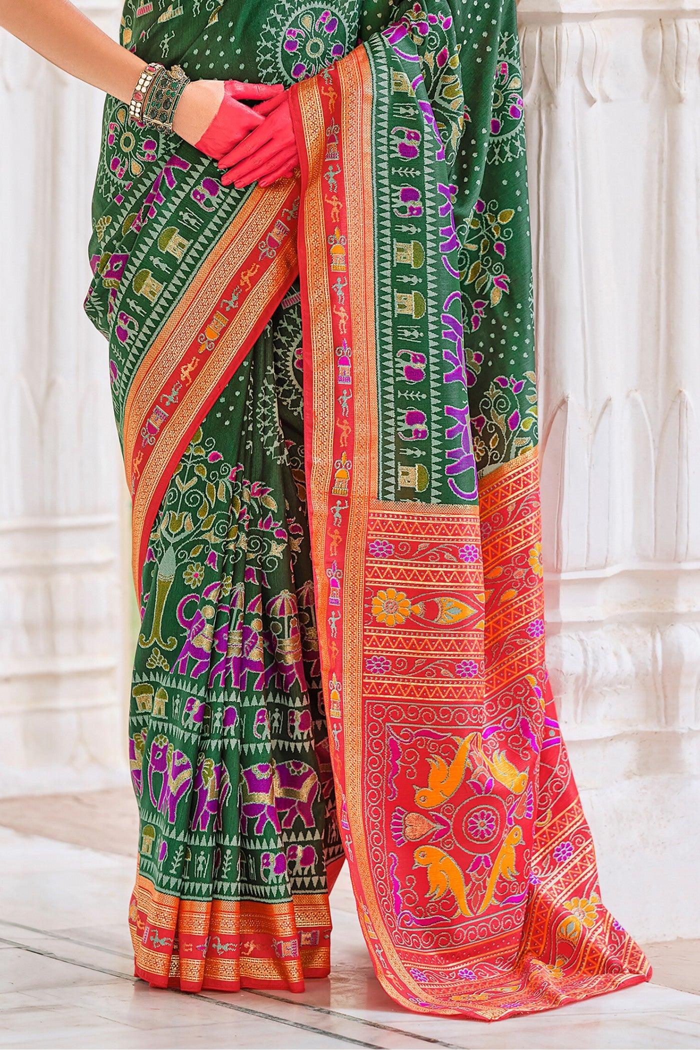 Buy MySilkLove Tom Thumb Green and Red Printed Patola Saree Online